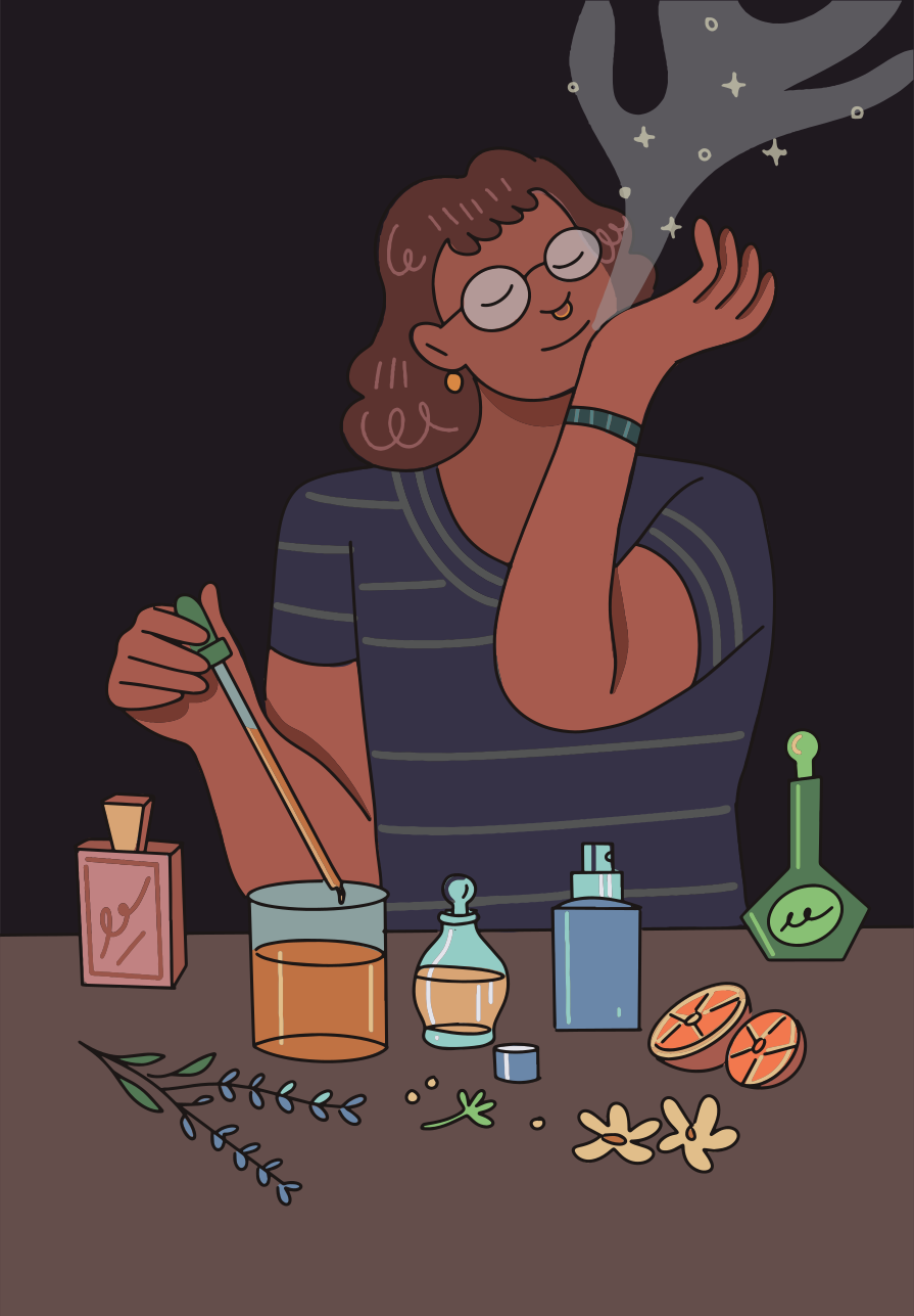 Woman smelling perfume, surrounded by ingredients.