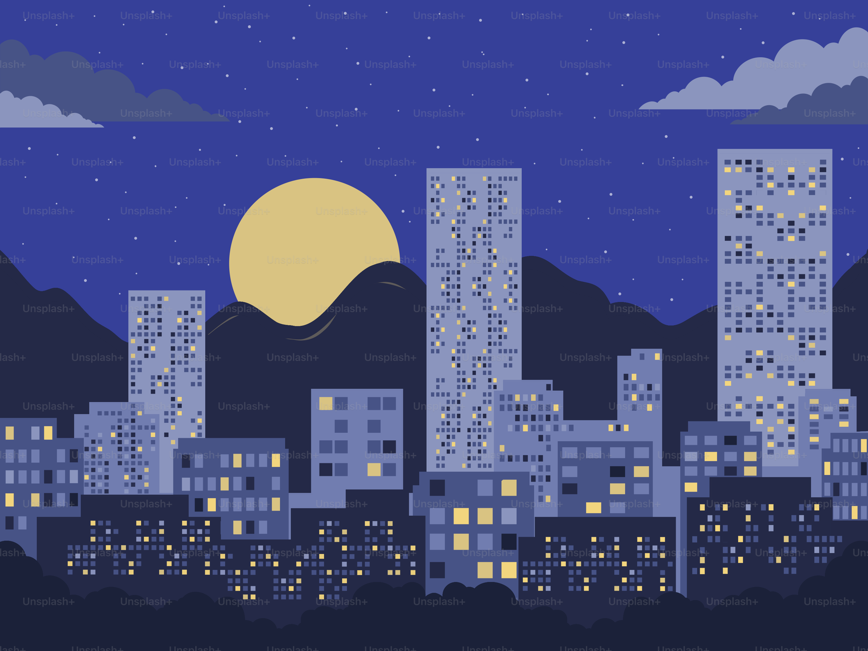満月の下、高層ビルが並ぶ街景。