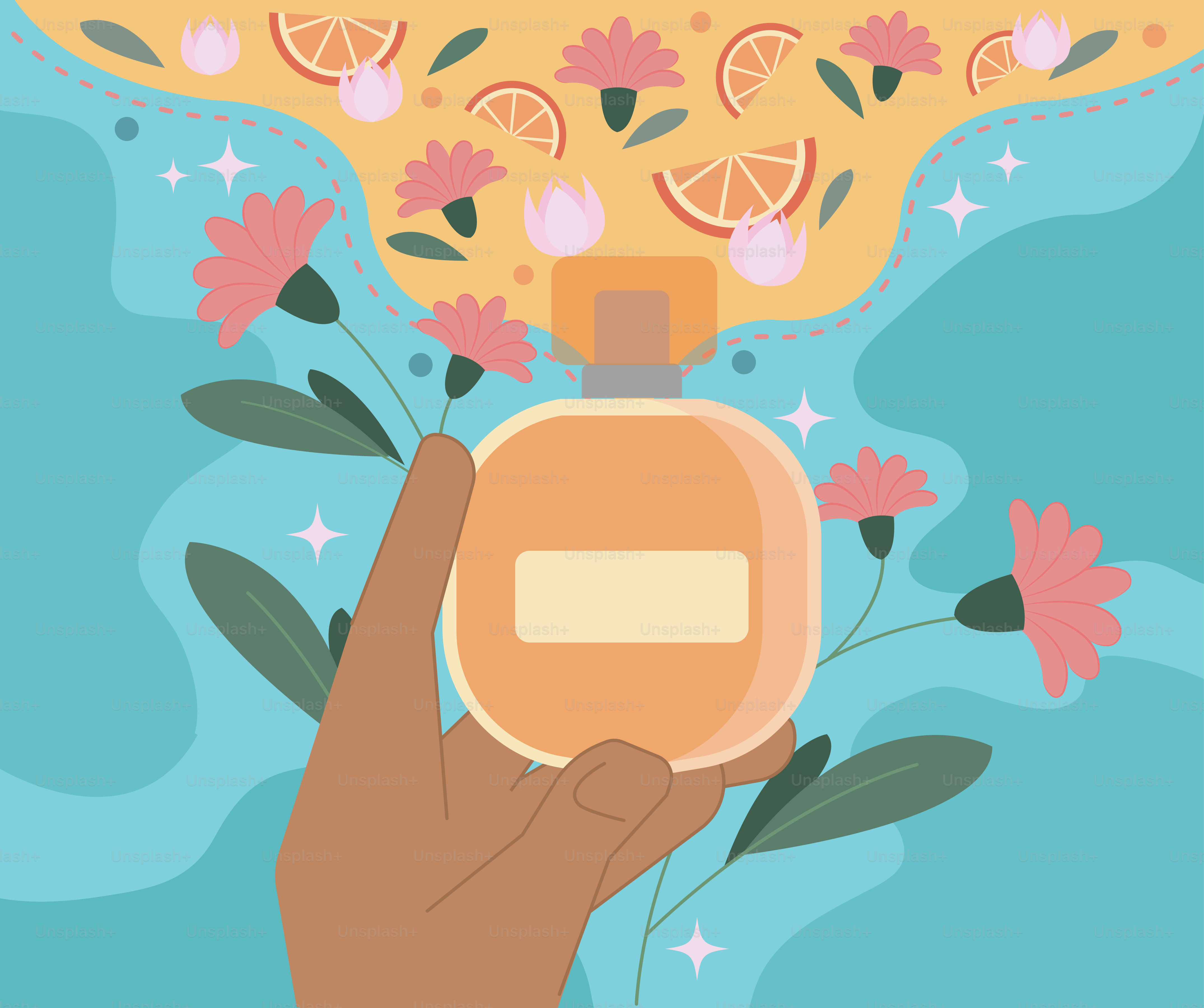 Hand holding perfume bottle with floral and citrus scent