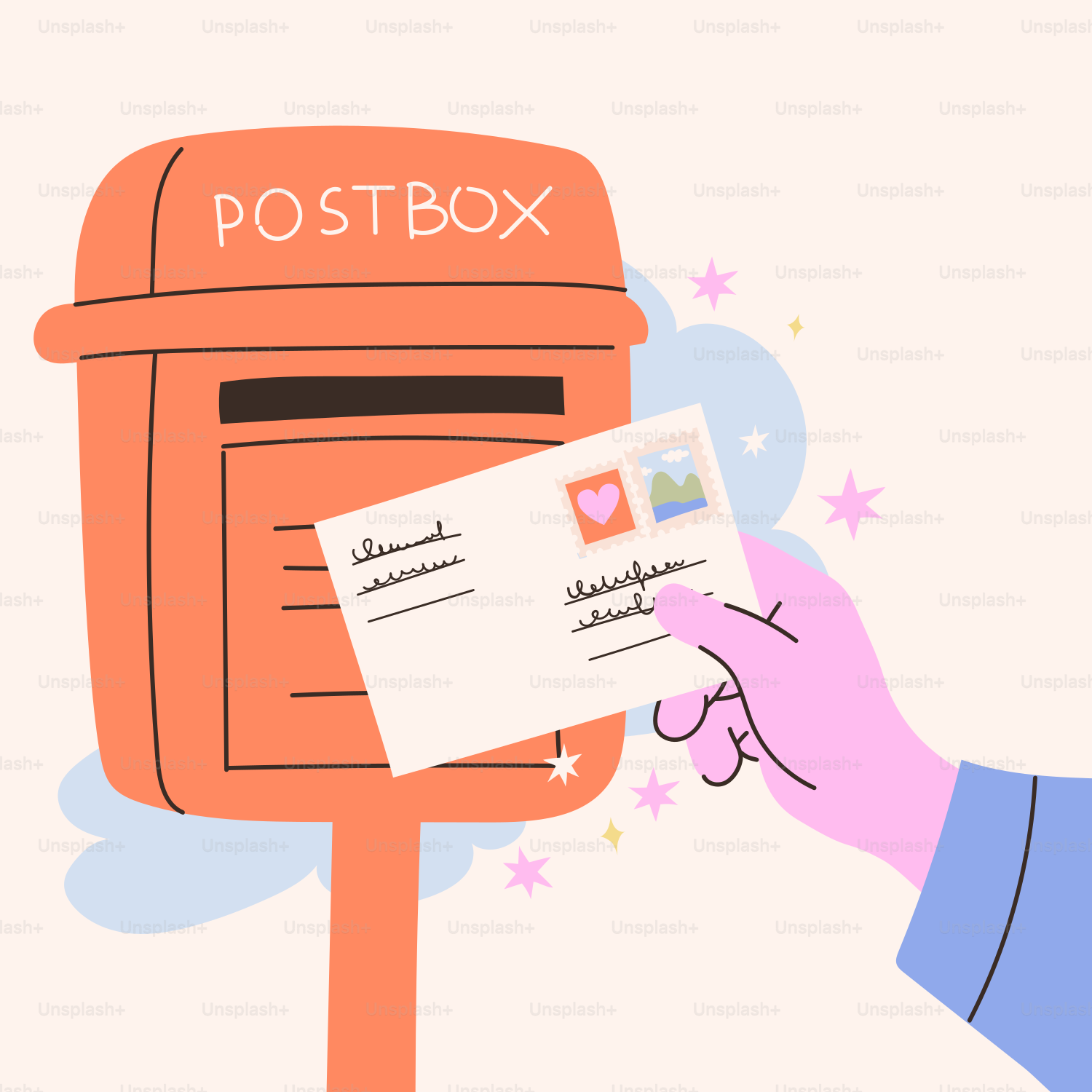 Hand inserting envelope into orange postbox with stamps.