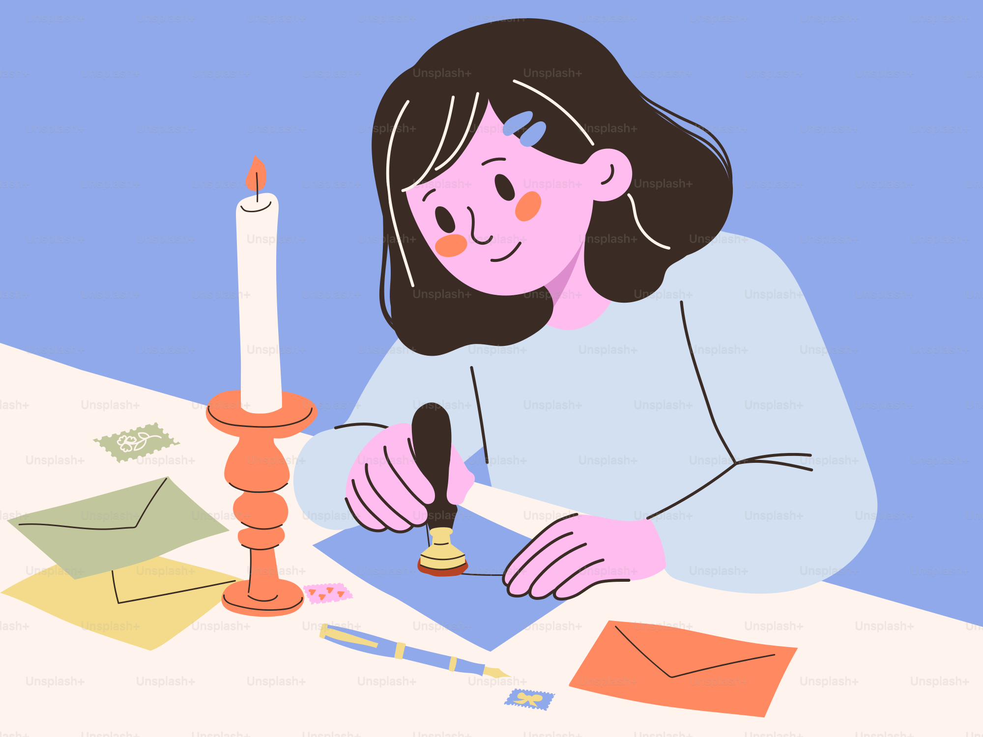 Girl sealing letter with wax and candle