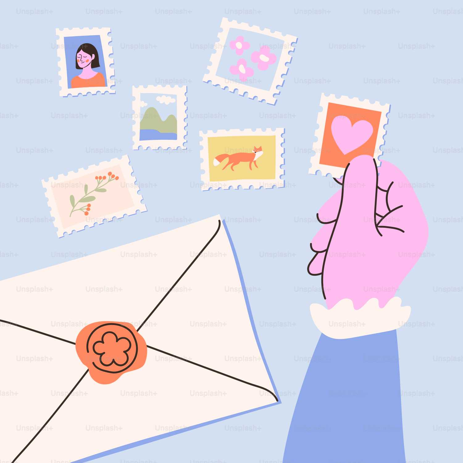 Hand placing stamp on envelope with other stamps floating.