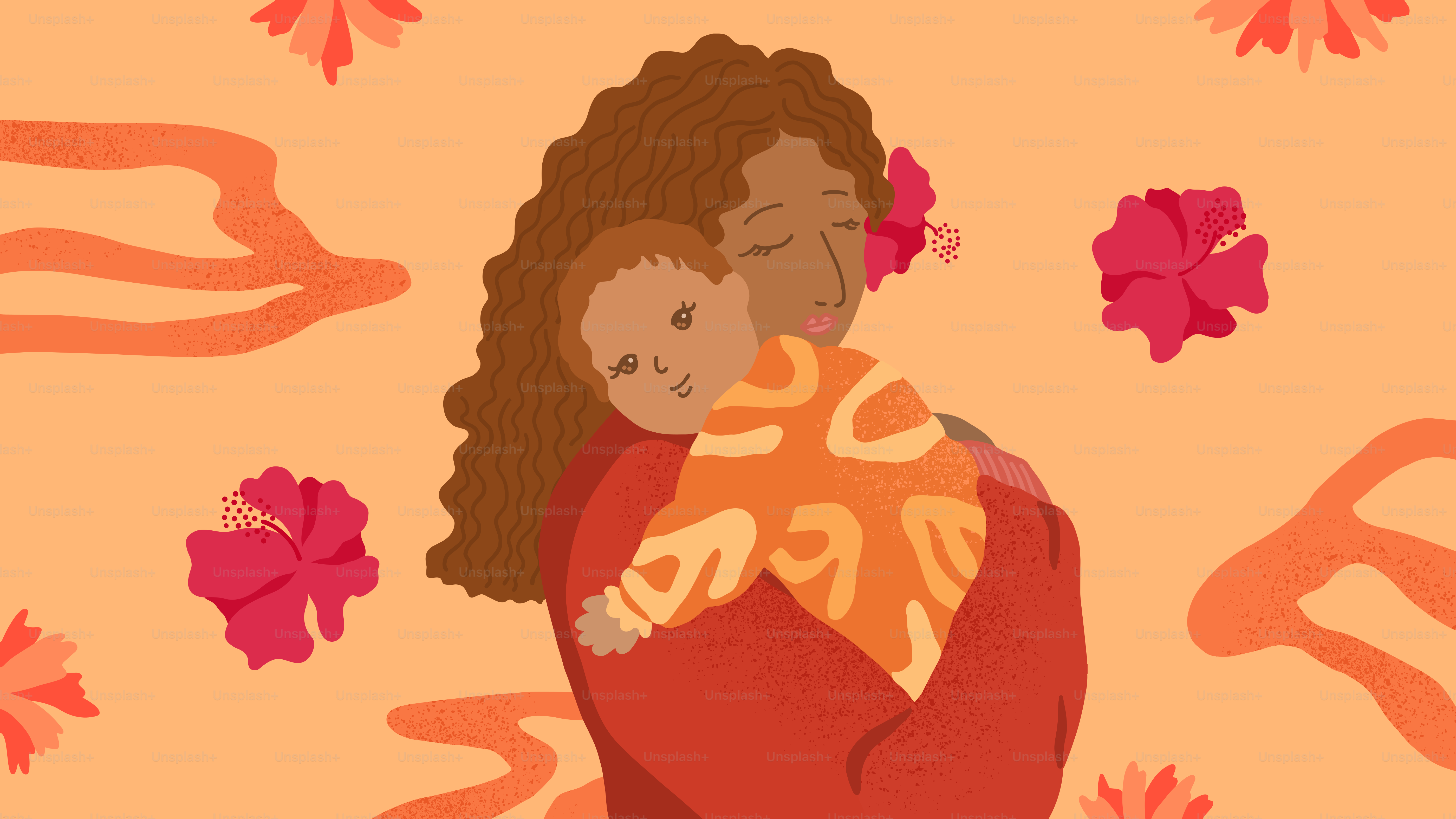 Madre sosteniendo a su bebé con flores.