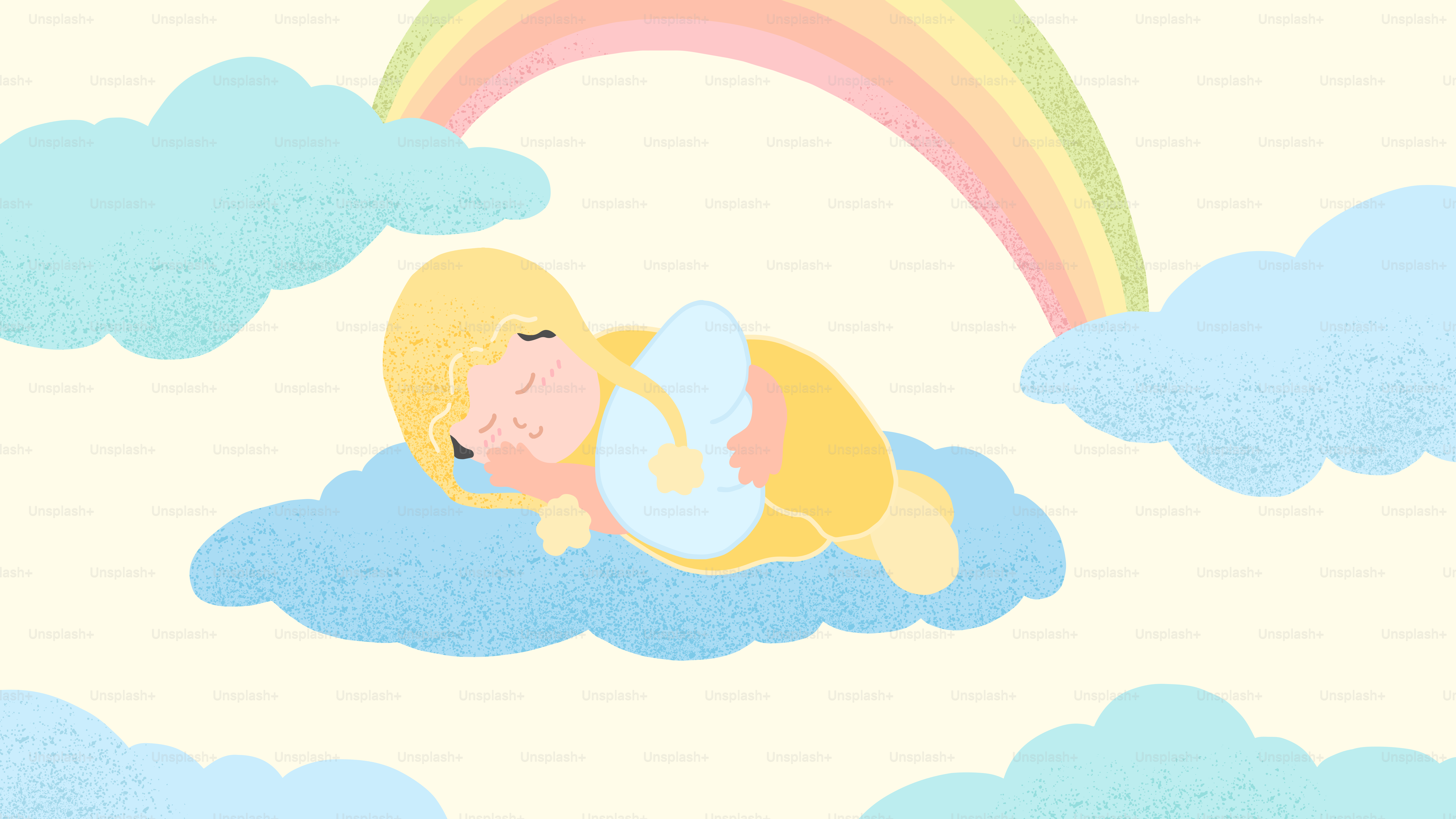 虹のついた雲の上で眠る赤ちゃん
