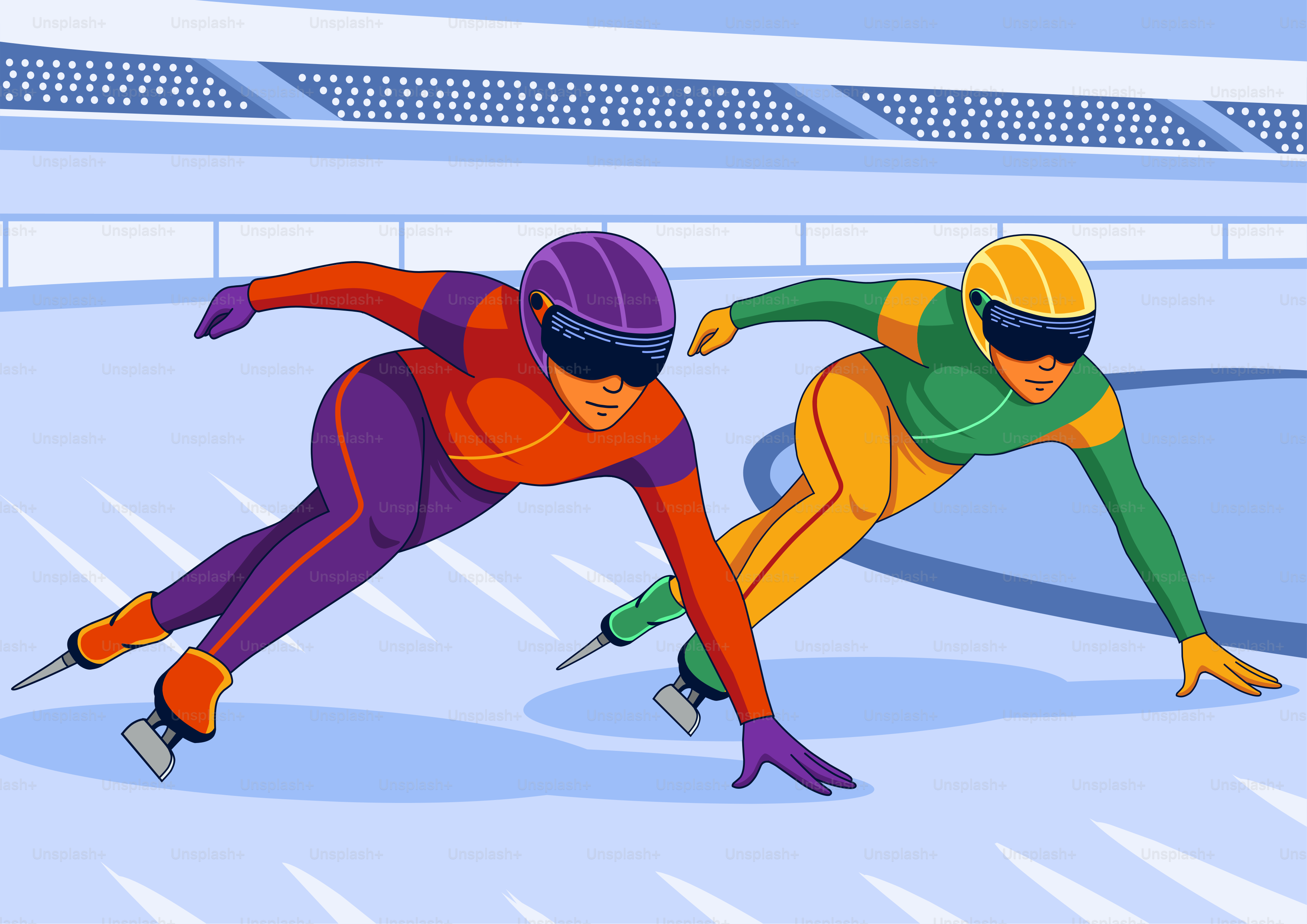 Two speed skaters racing on an ice rink.