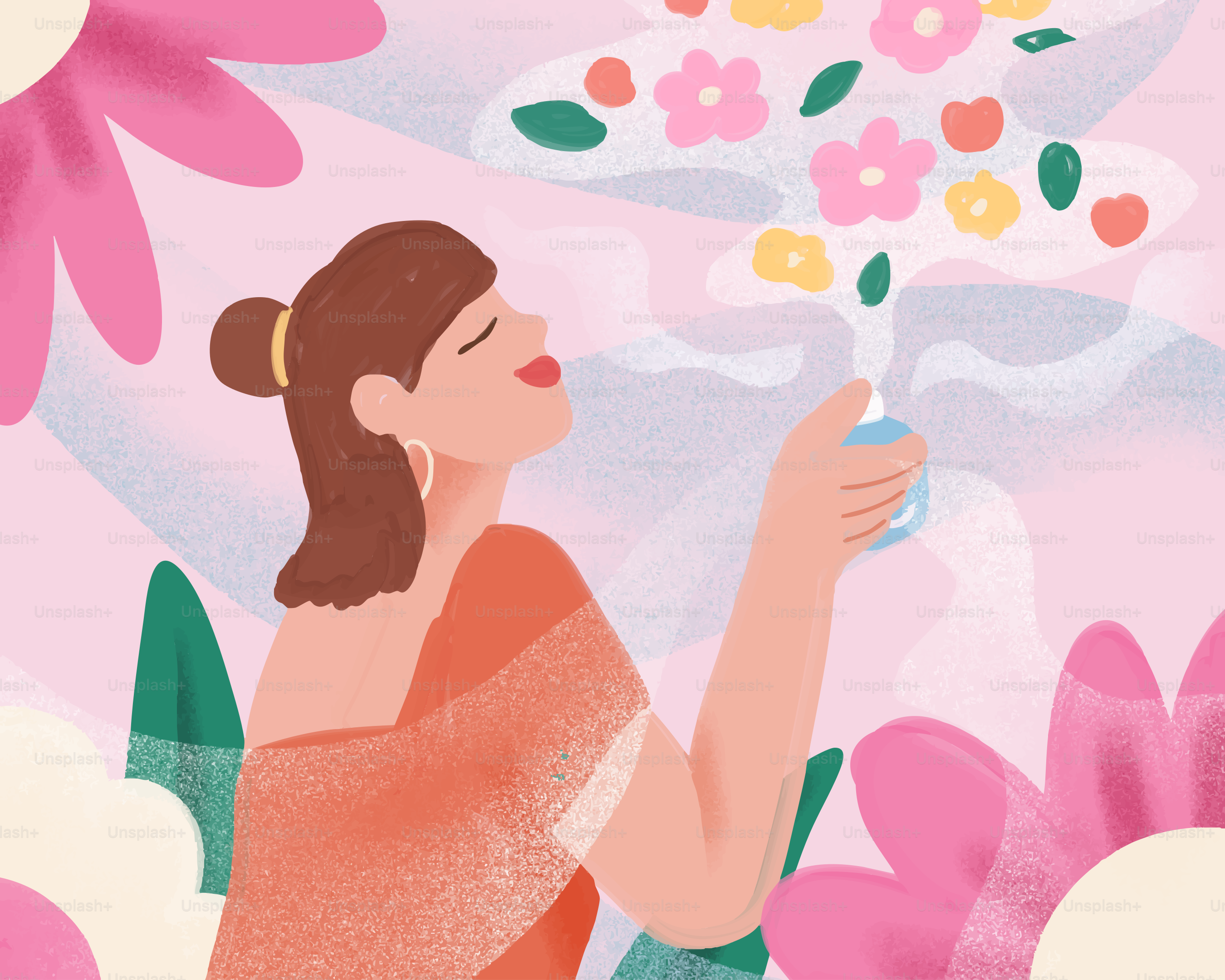 Woman spraying perfume surrounded by flowers