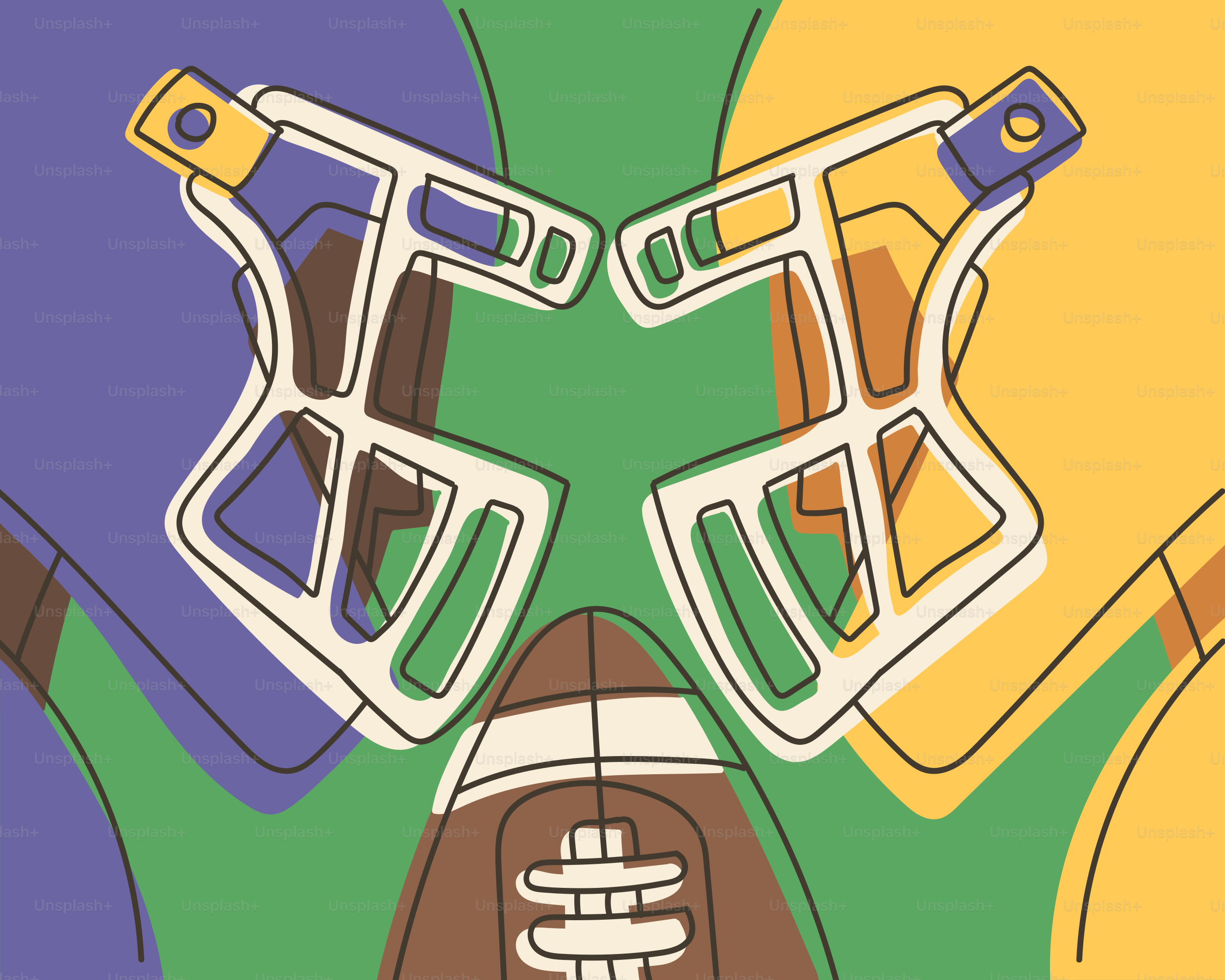American football helmets and ball on colorful background