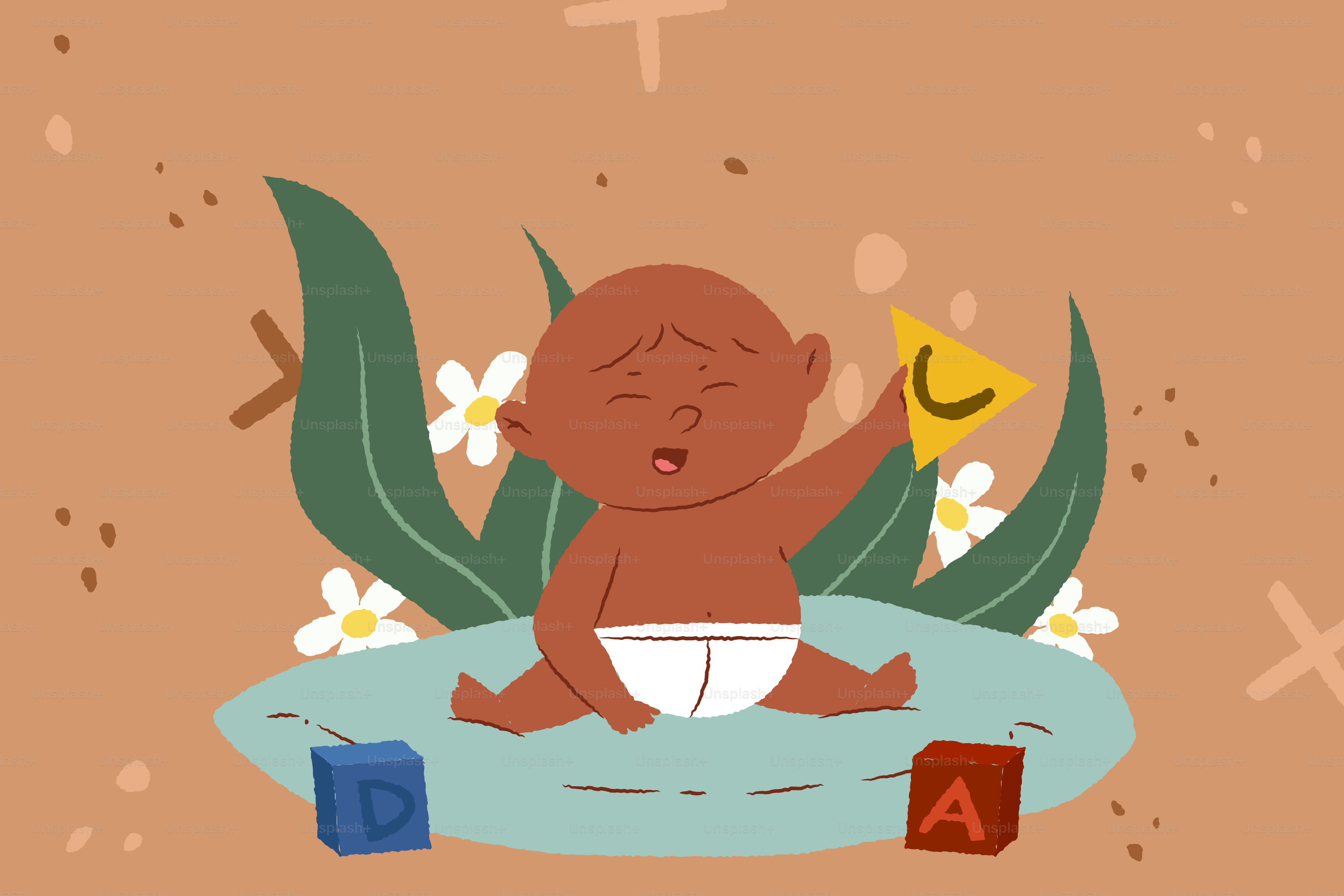 A baby sits on a pillow with blocks.