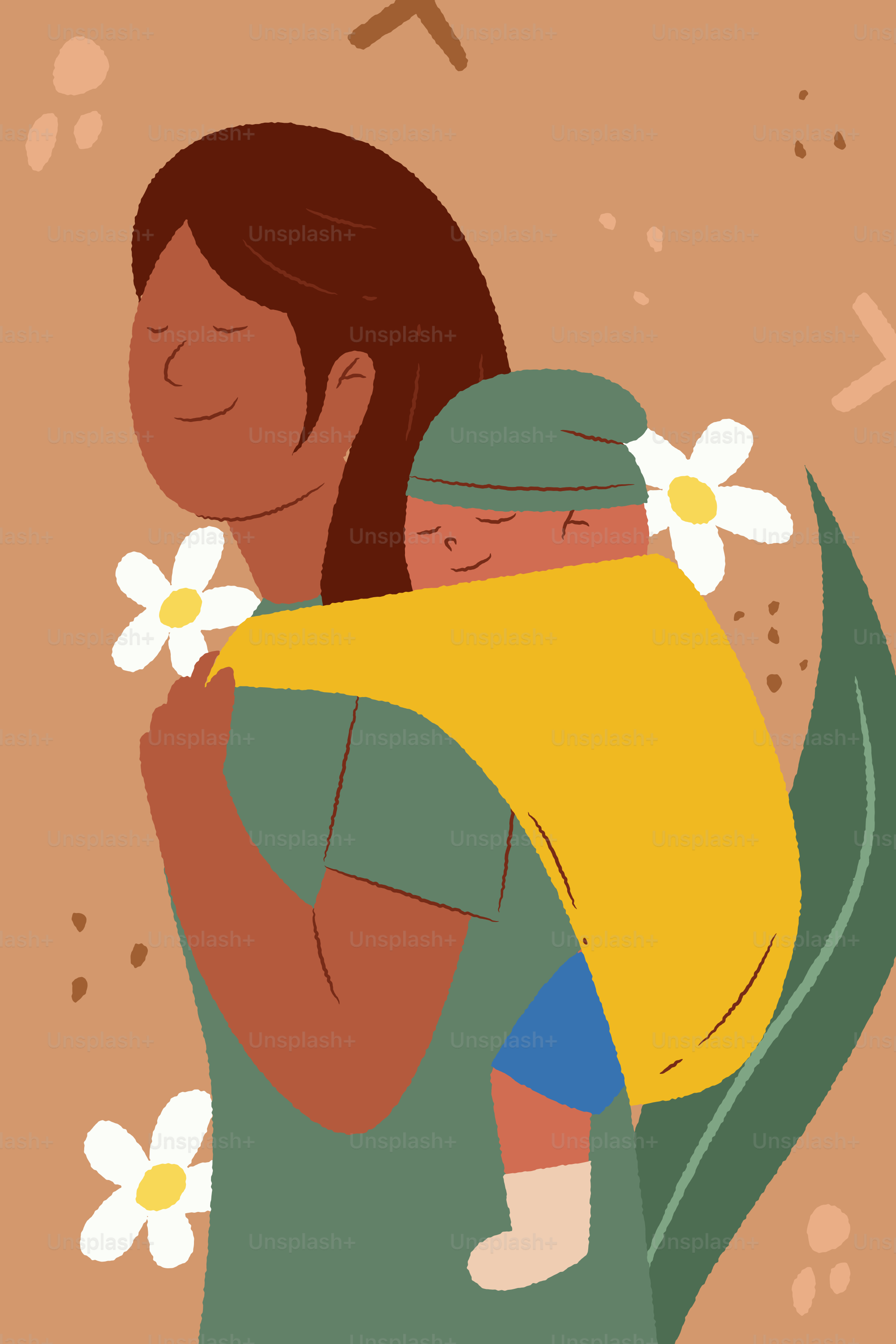 Mutter trägt schlafendes Baby in einer gelben Schlinge.