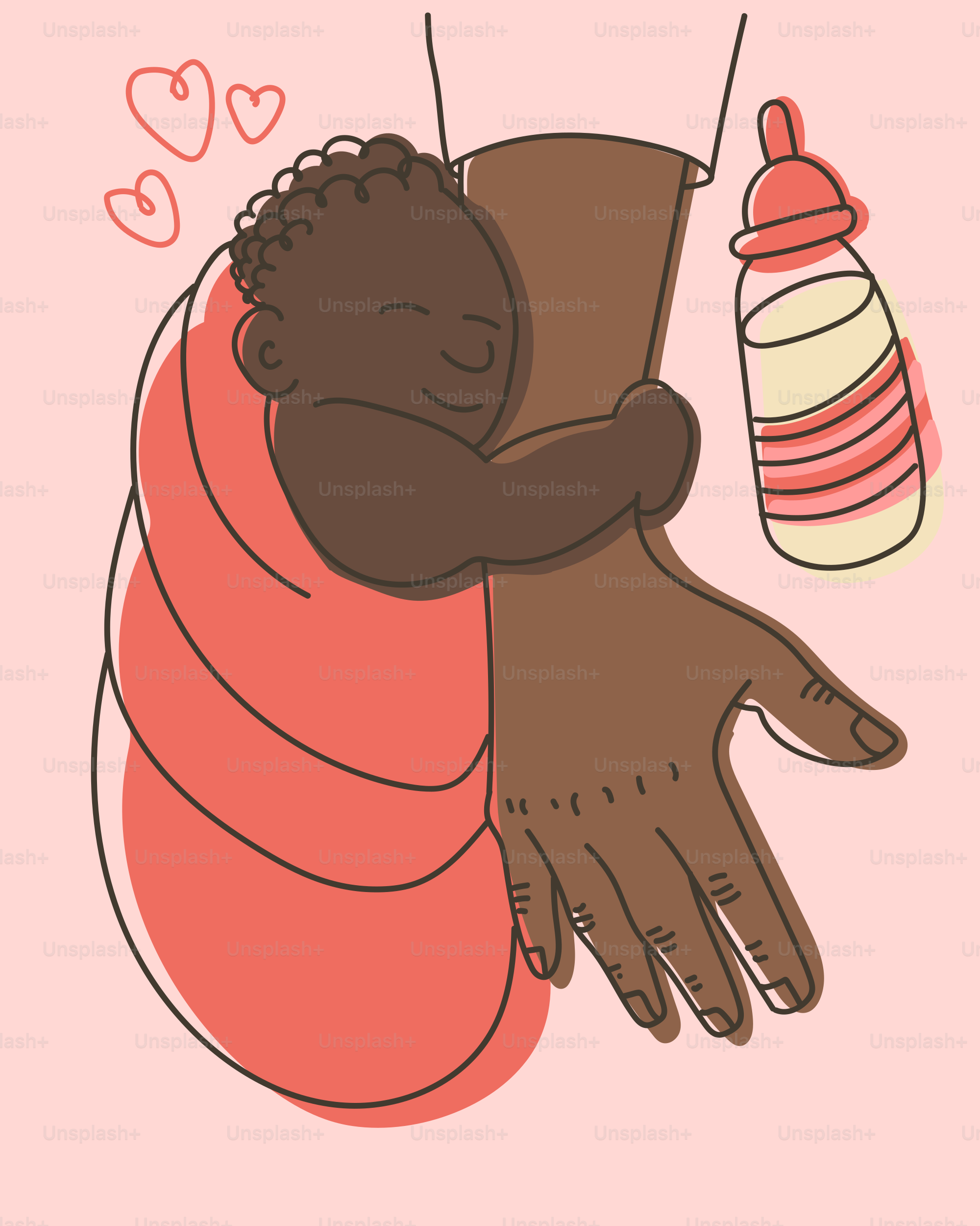 Baby schläft in den Armen der Eltern mit Milchflasche in der Nähe