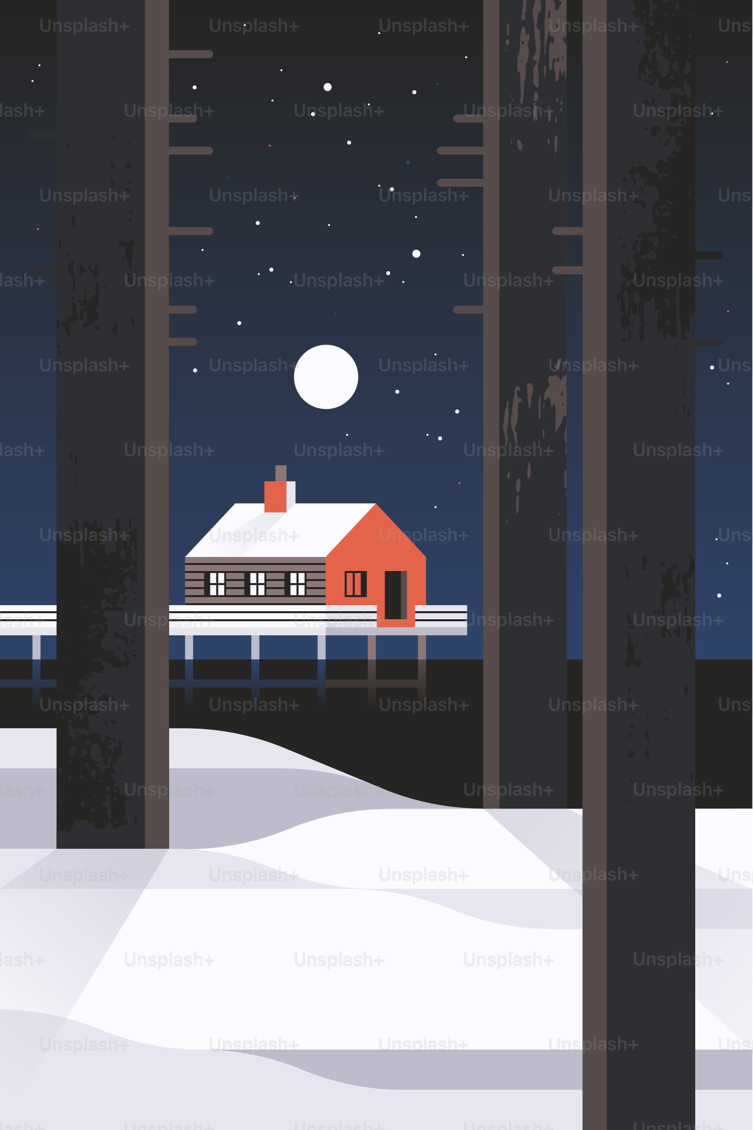 Gemütliche Hütte in verschneiter Landschaft unter sternenklarem Nachthimmel.