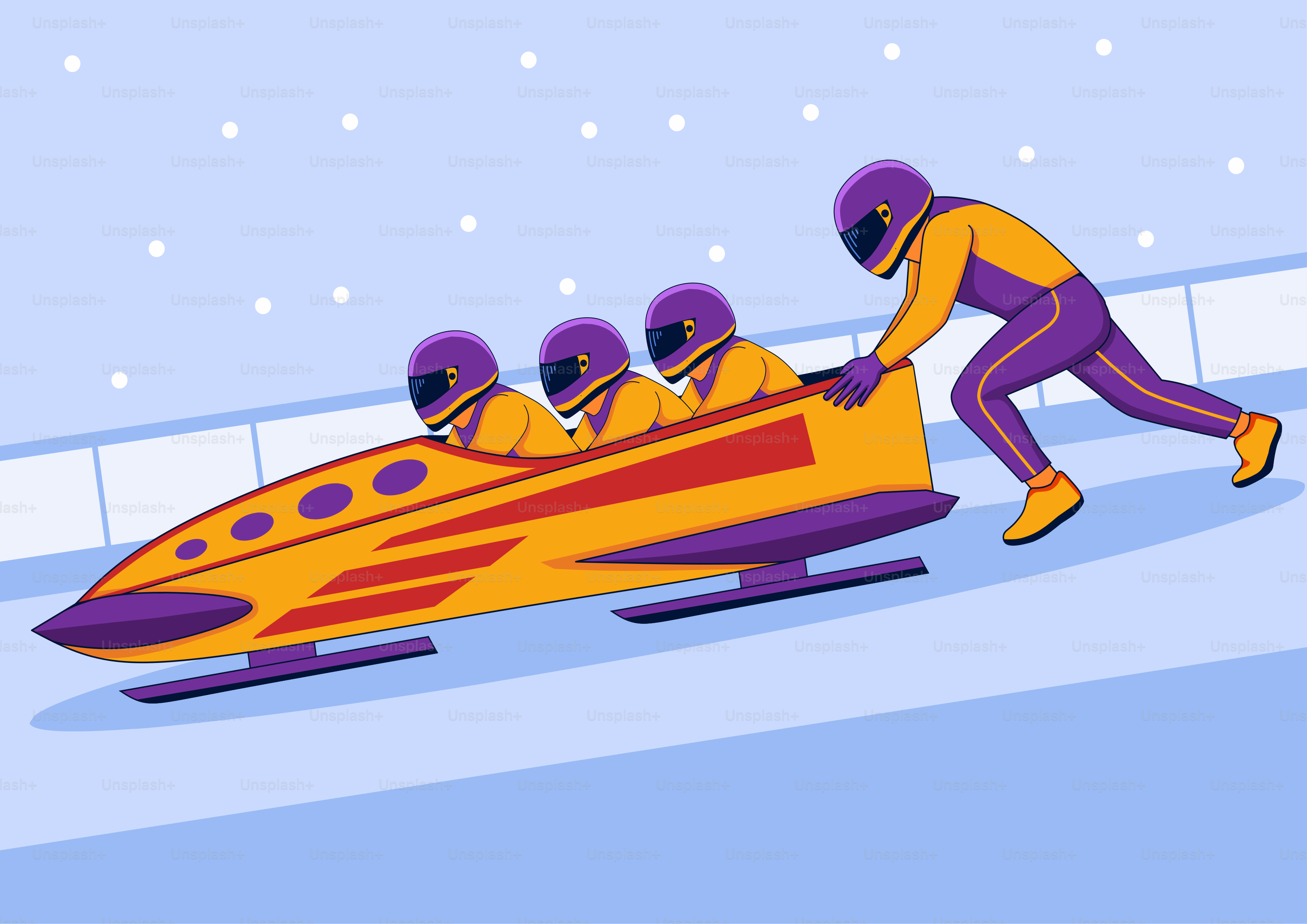 Team schiebt einen Bob zu Beginn des Rennens.