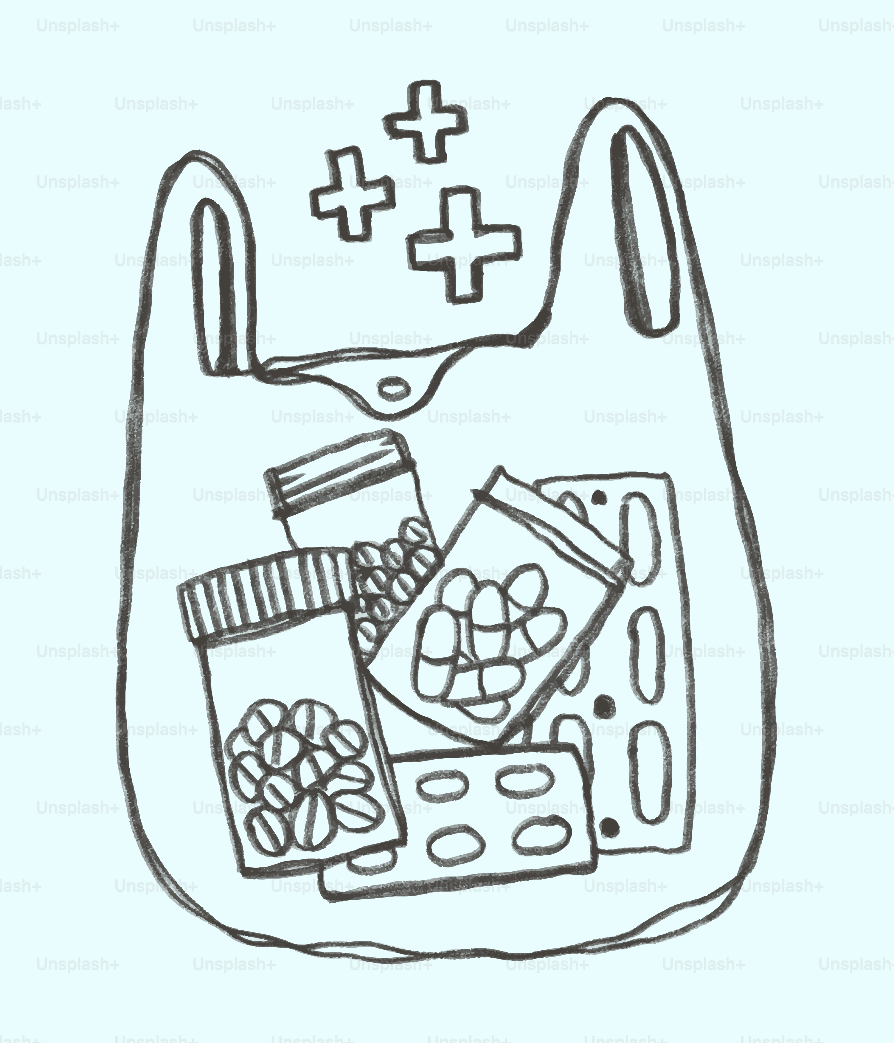 Sacchetto pieno di varie pillole e blister.