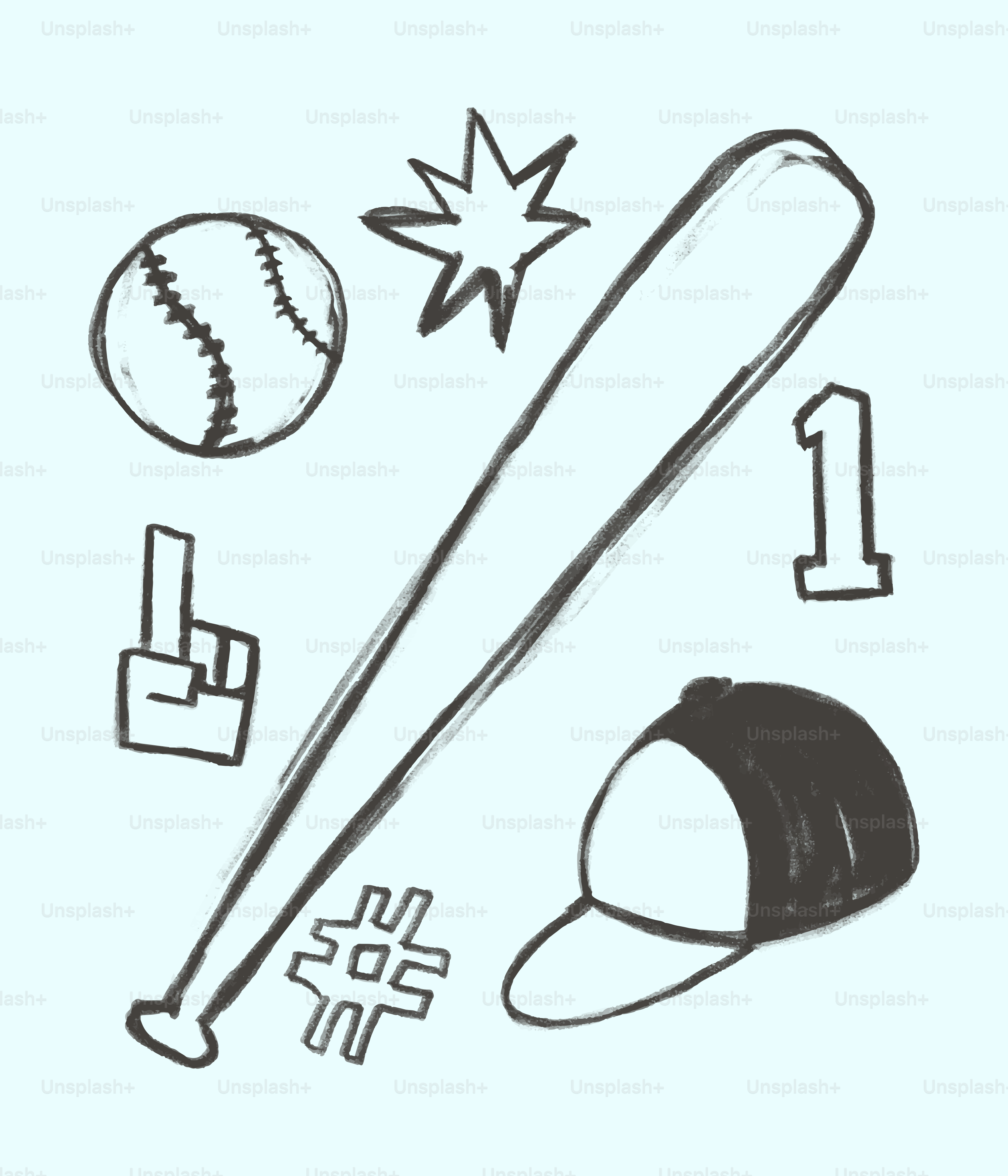 Baseballschläger, Ball, Hut und Schaumstofffinger.