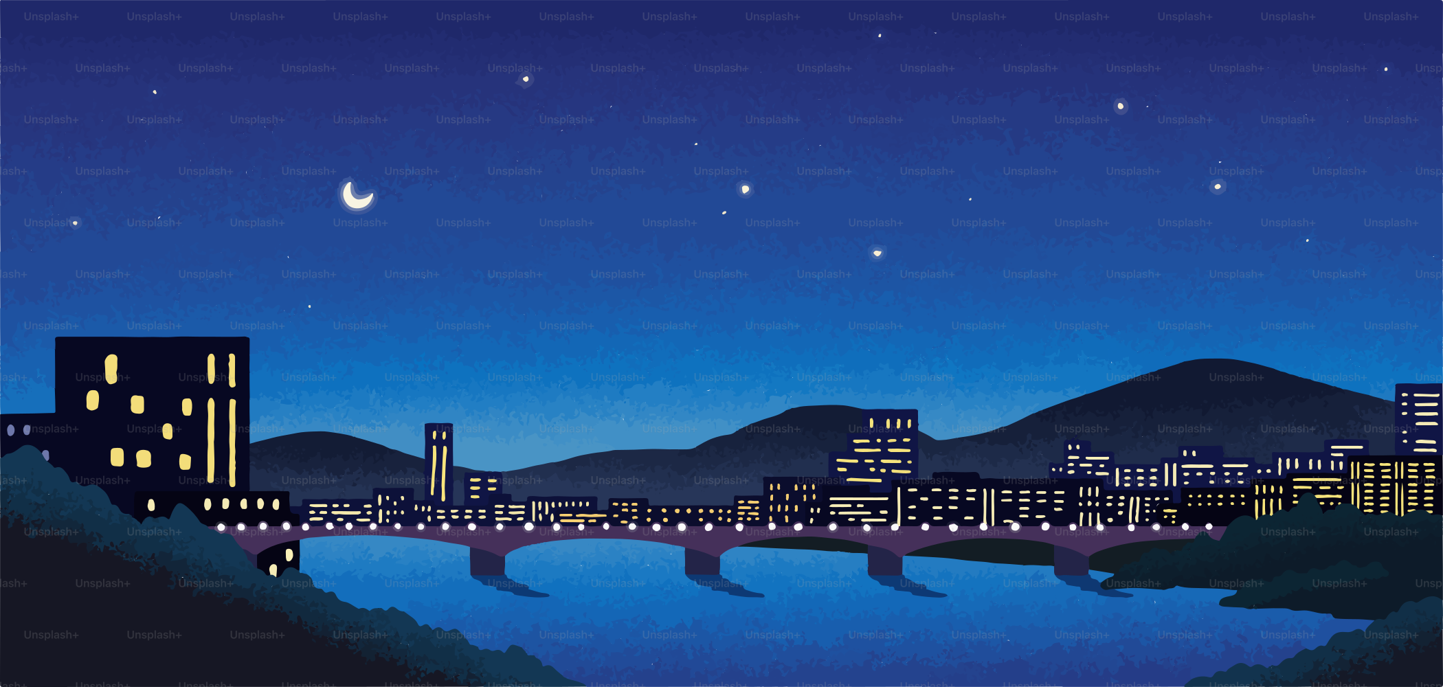 Paisaje urbano con puente y río por la noche