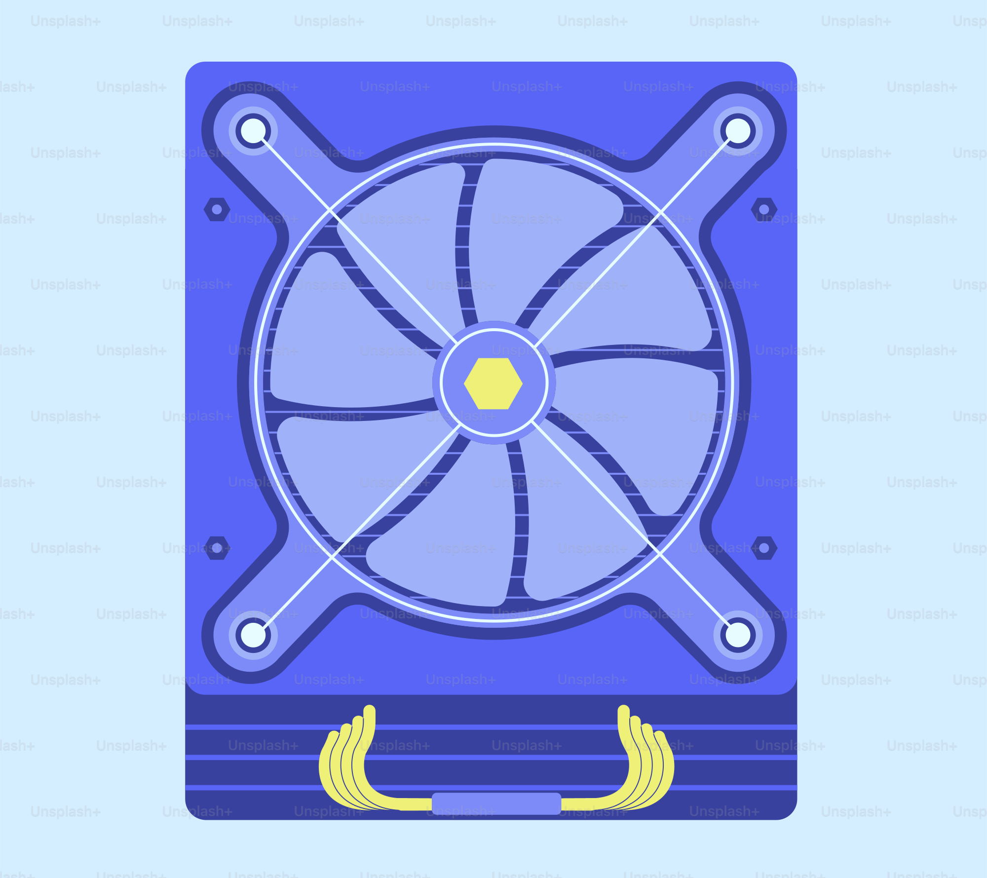 Una ventola blu per computer con accenti gialli
