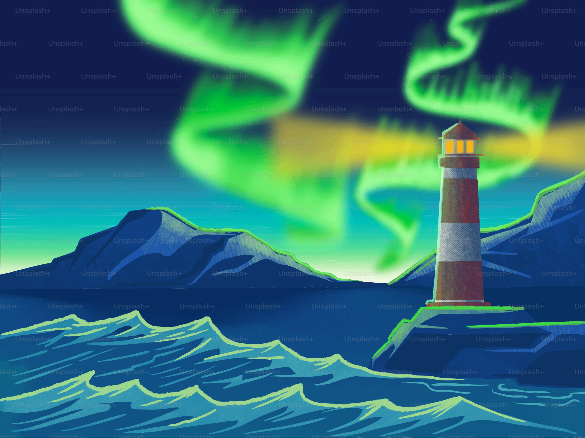 Faro en la costa rocosa bajo la aurora boreal