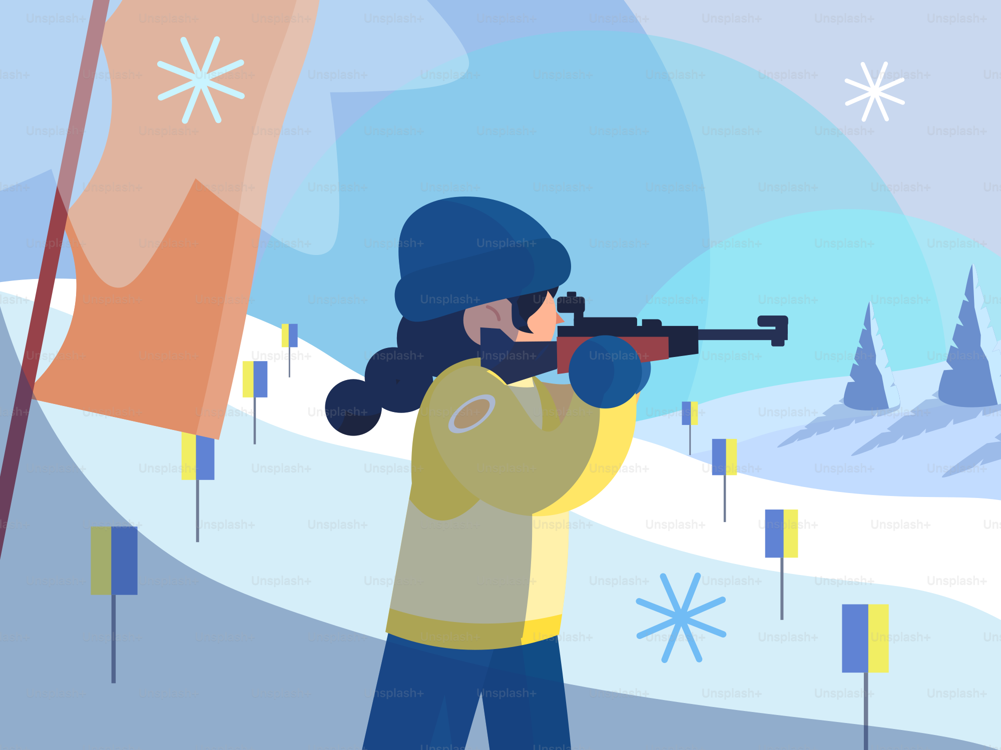 雪の冬のコースでライフルを照準している人