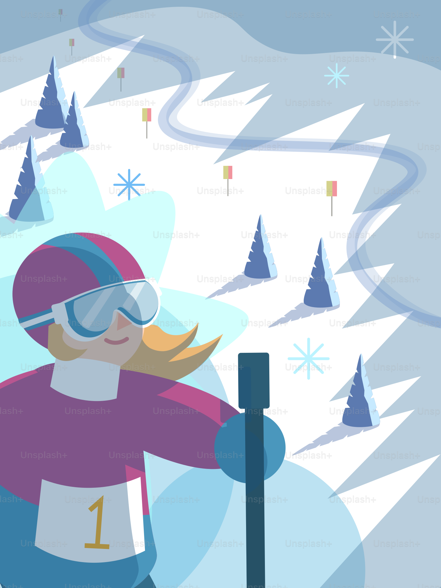 斜面でビブを1番につけた若いスキーヤー