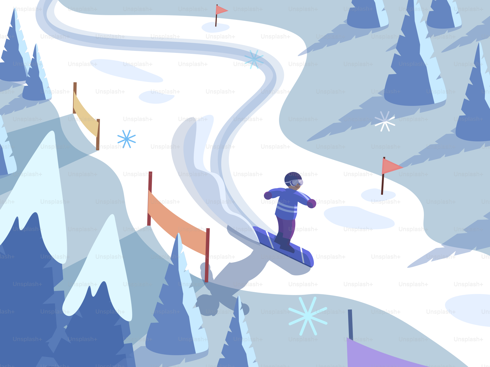 雪の山の斜面をスノーボードで下る人。