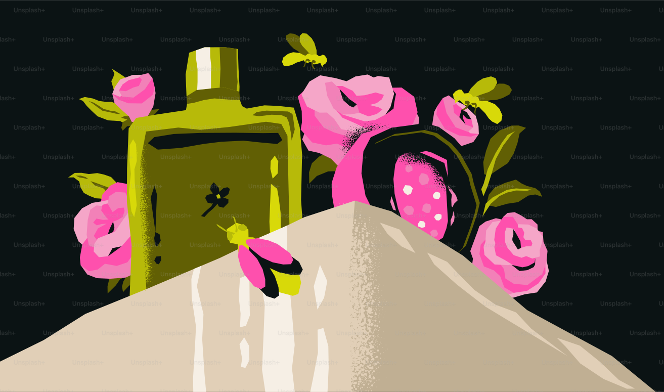 Frasco de perfume com flores e abelhas na areia