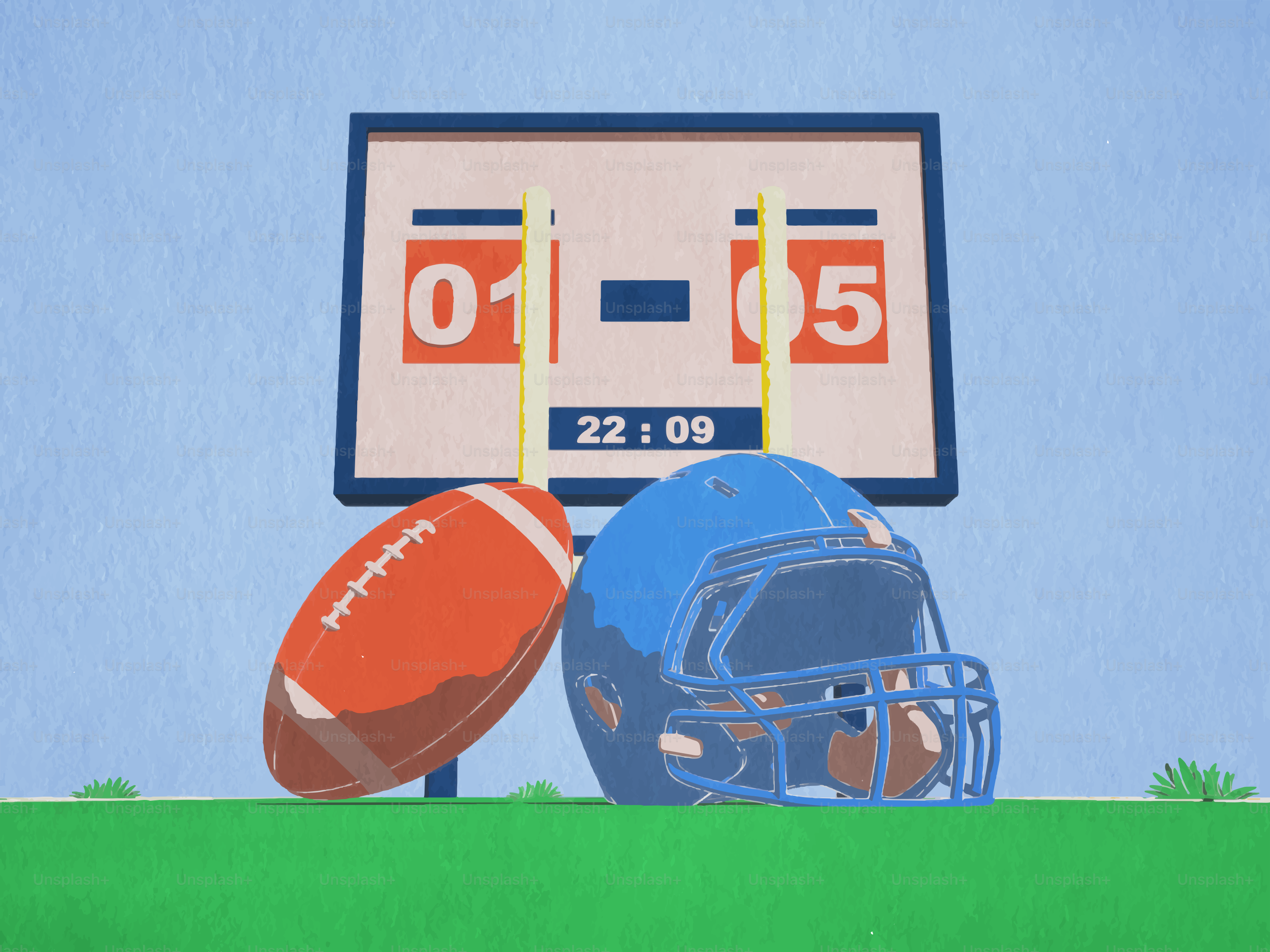 American football, helmet, and scoreboard on field