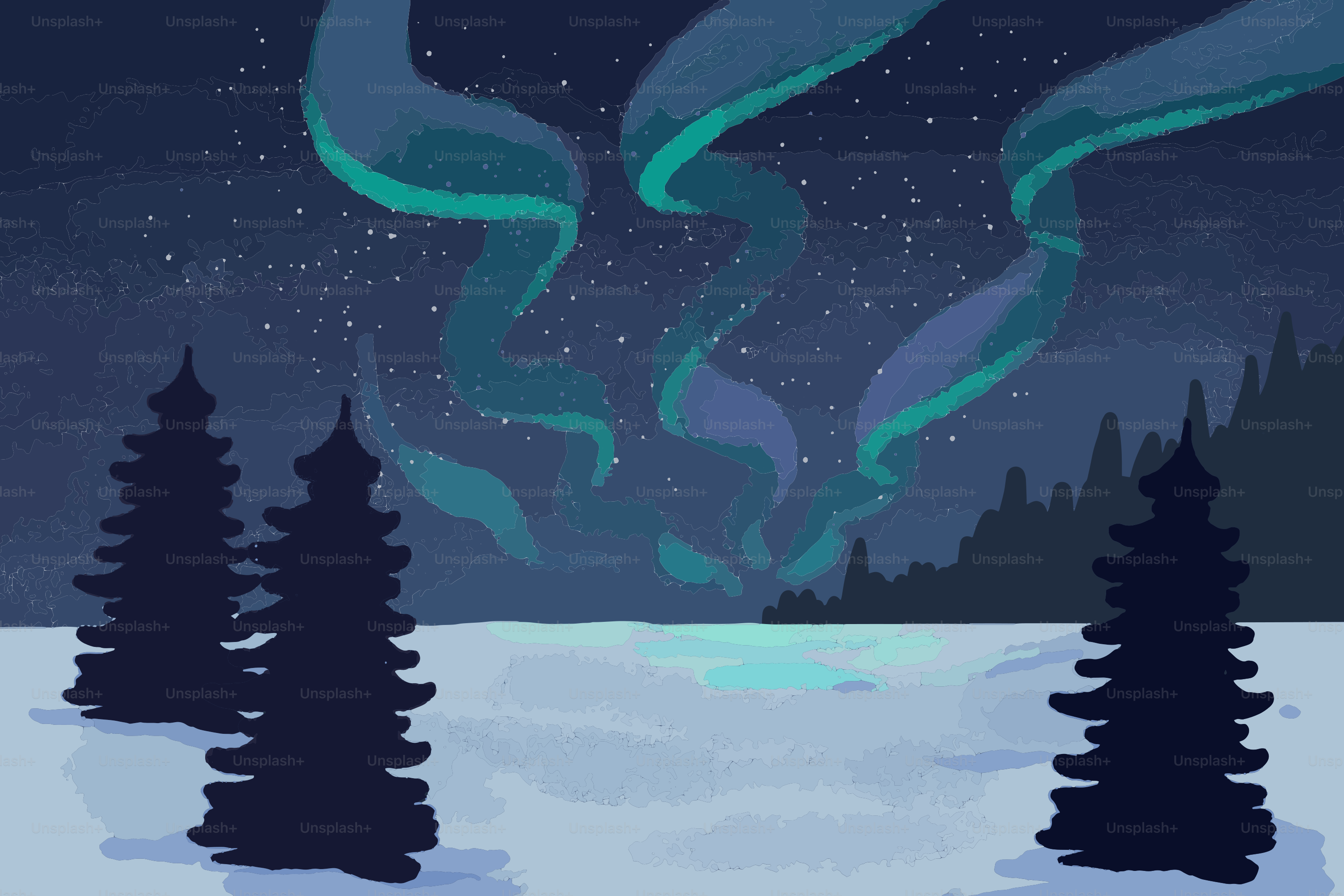 Aurora borealis over a snowy landscape with trees vector – Winter Image ...