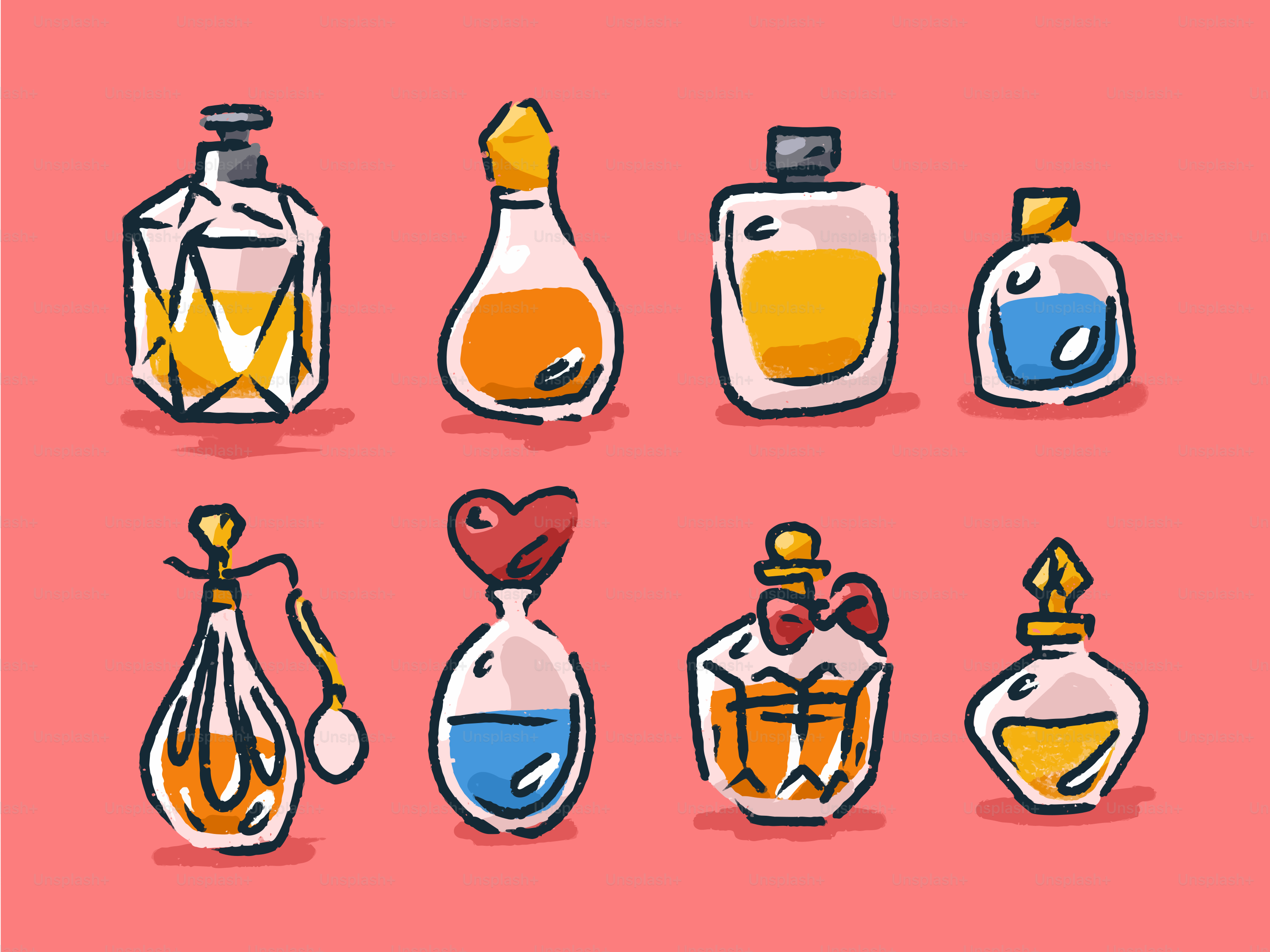 Collection de flacons de parfum variés sur fond rose