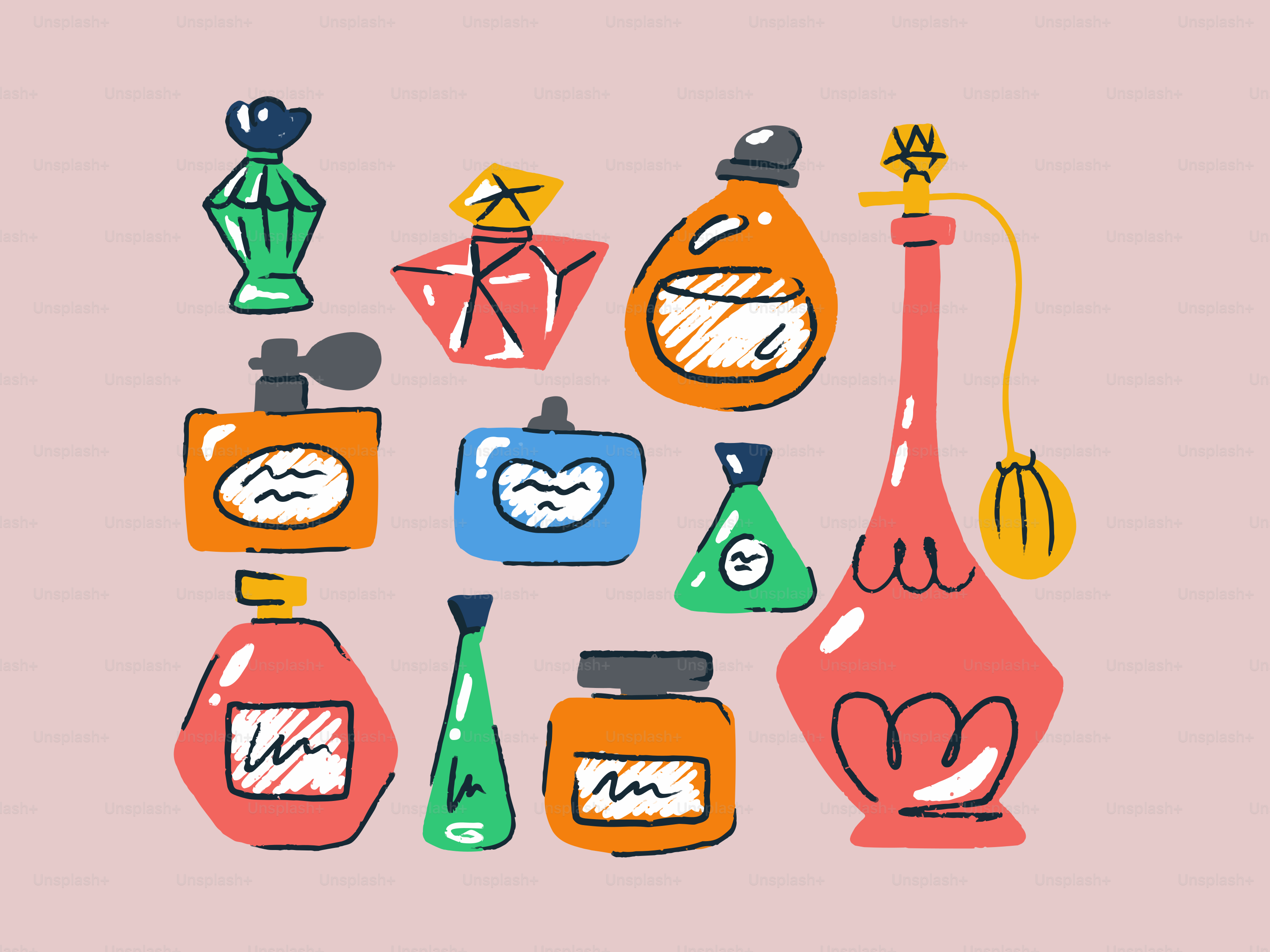 Collection of colorful perfume bottles on a pink background