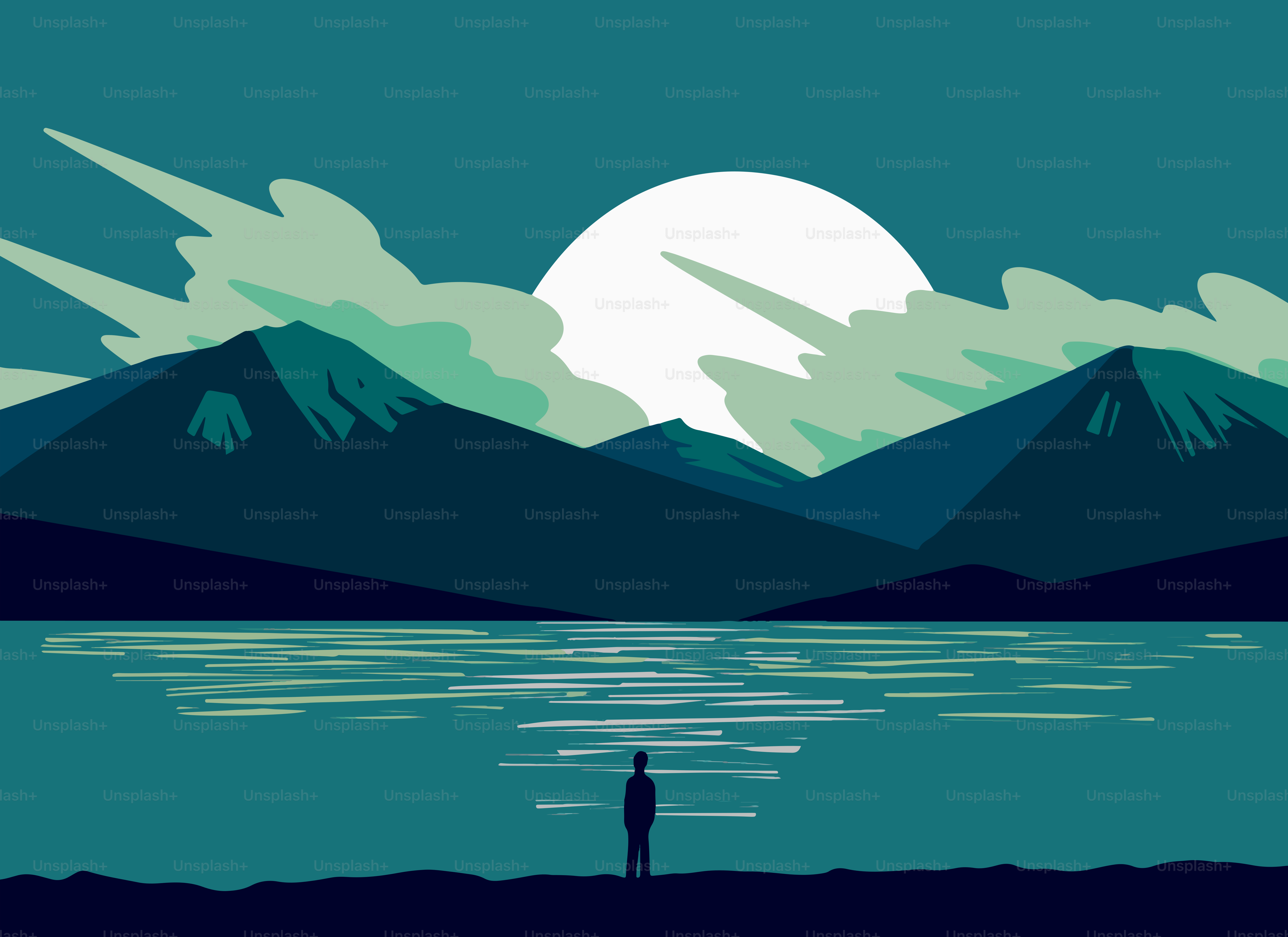 Lone figure stands by a lake with mountains at sunset.