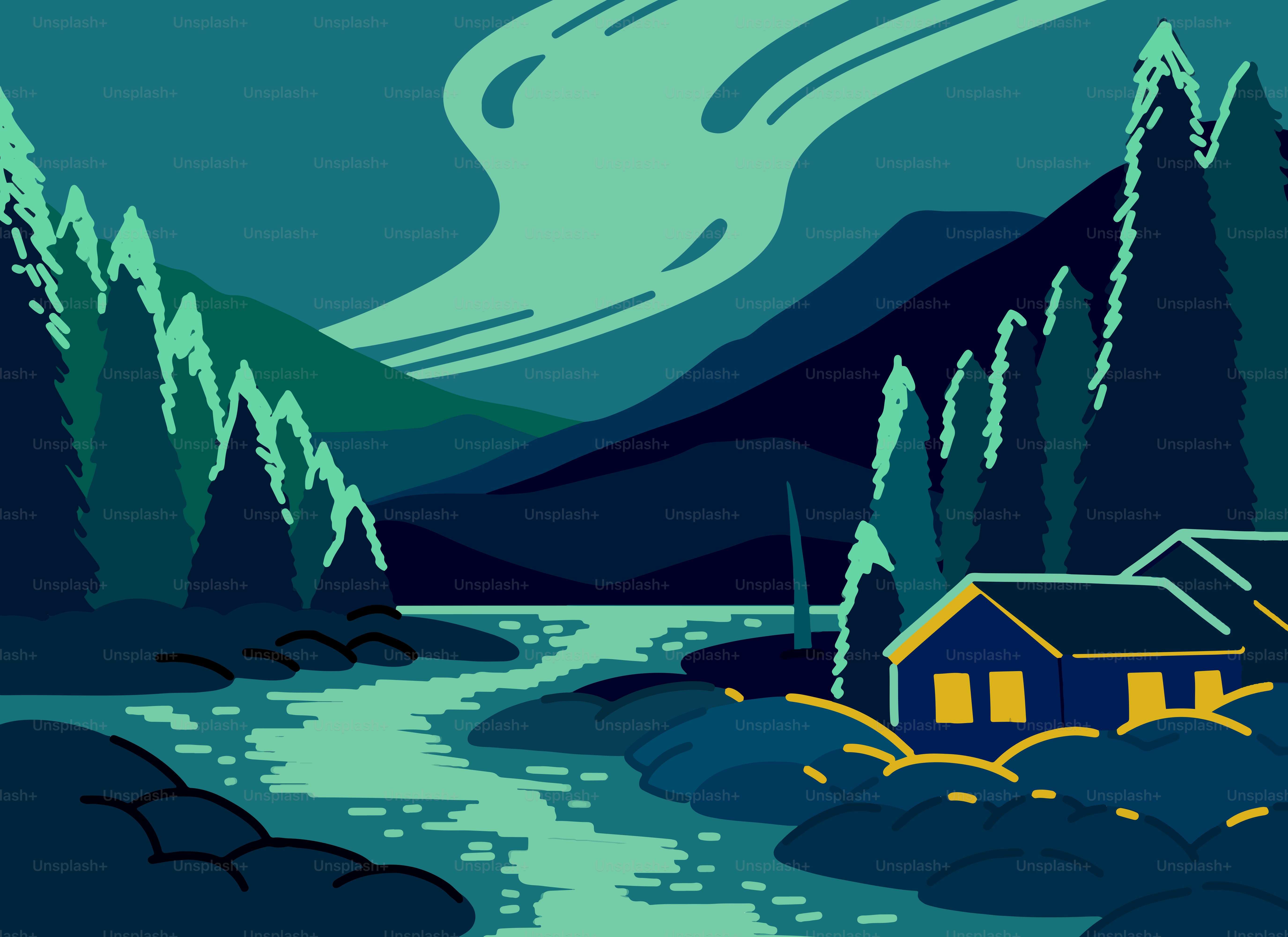 A serene landscape with mountains, river, and cabins at night