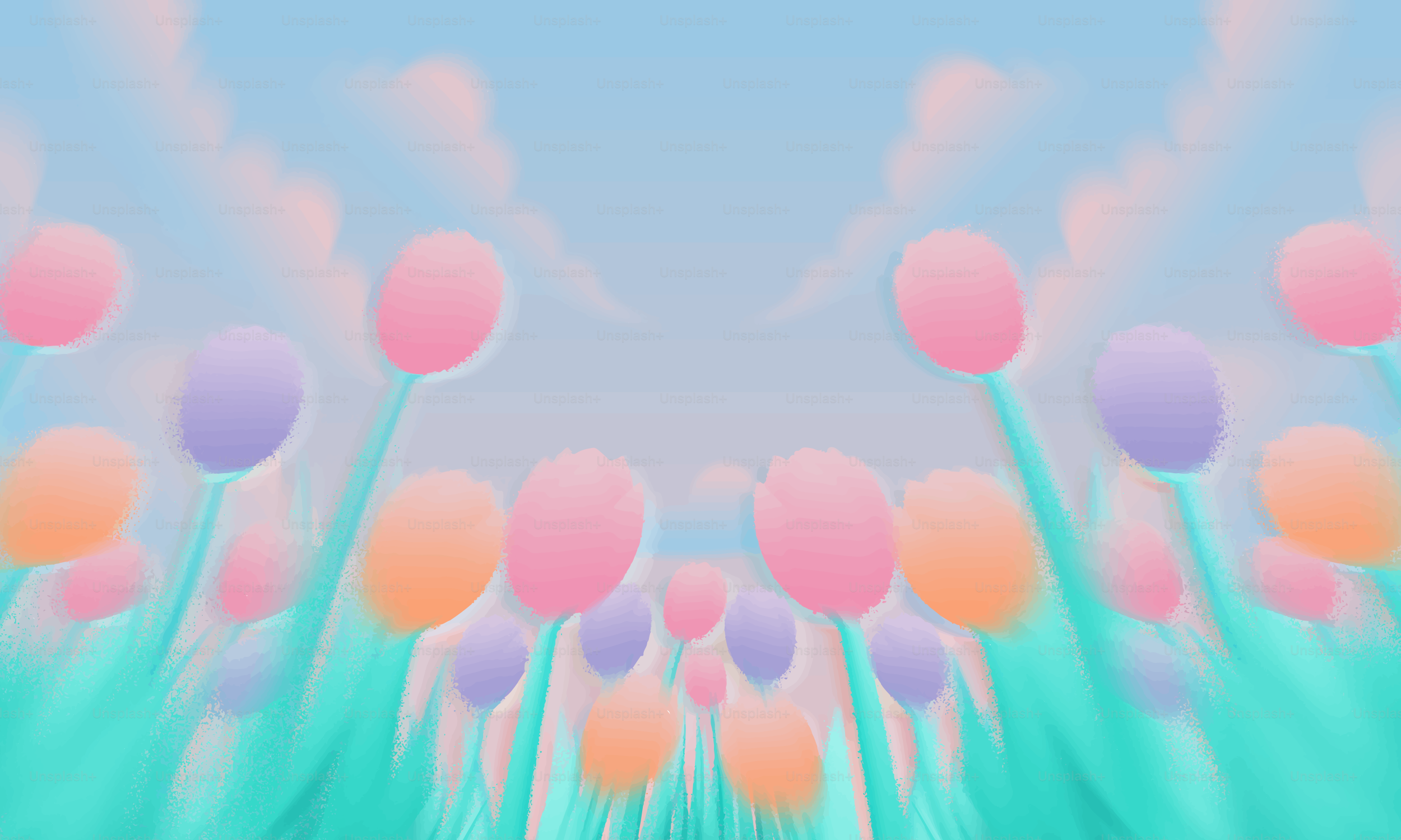 Des ballons pastel flottant dans un ciel doux