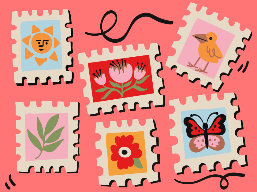 Coleção de selos postais divertidos com desenhos coloridos