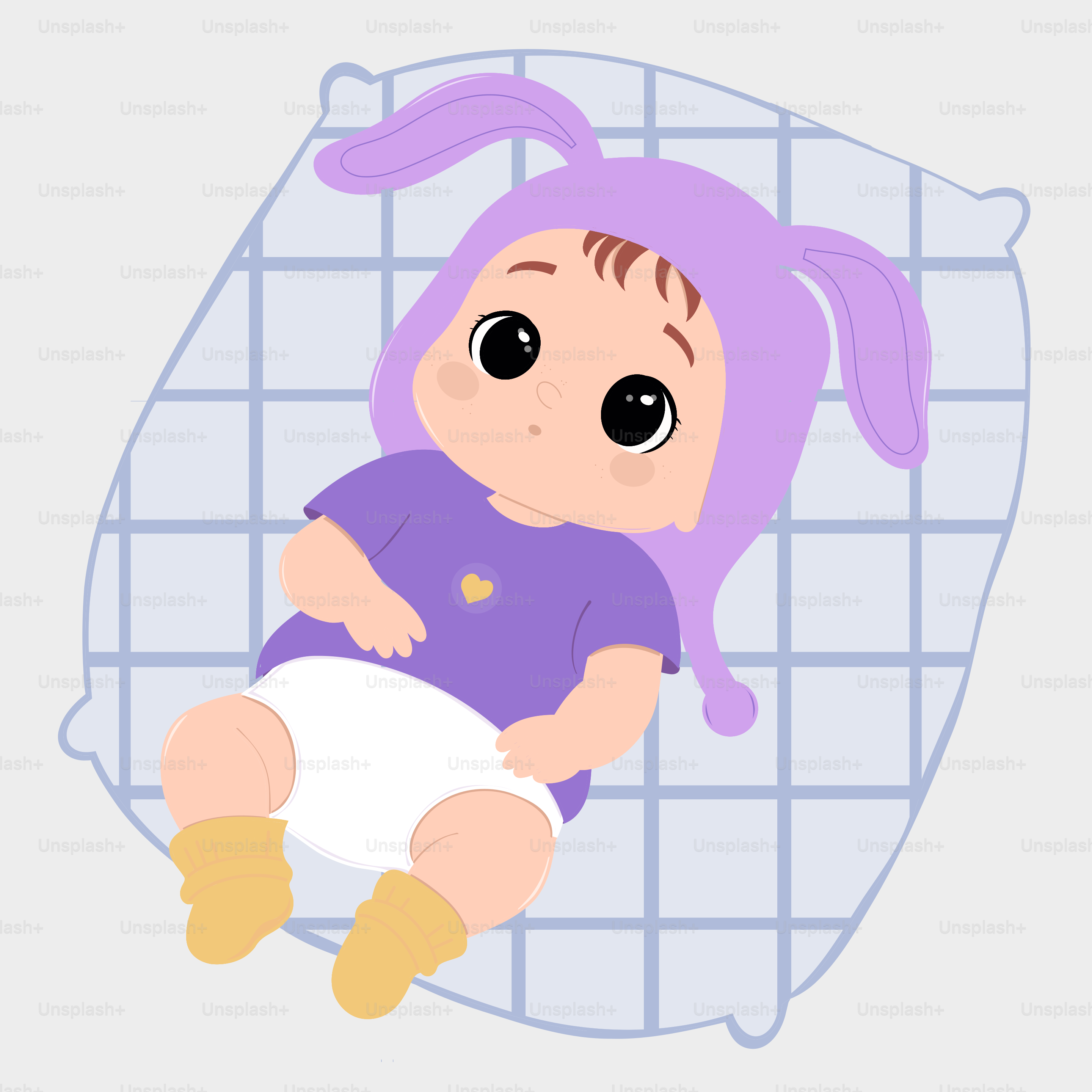 A baby wearing a purple bunny hat and outfit.