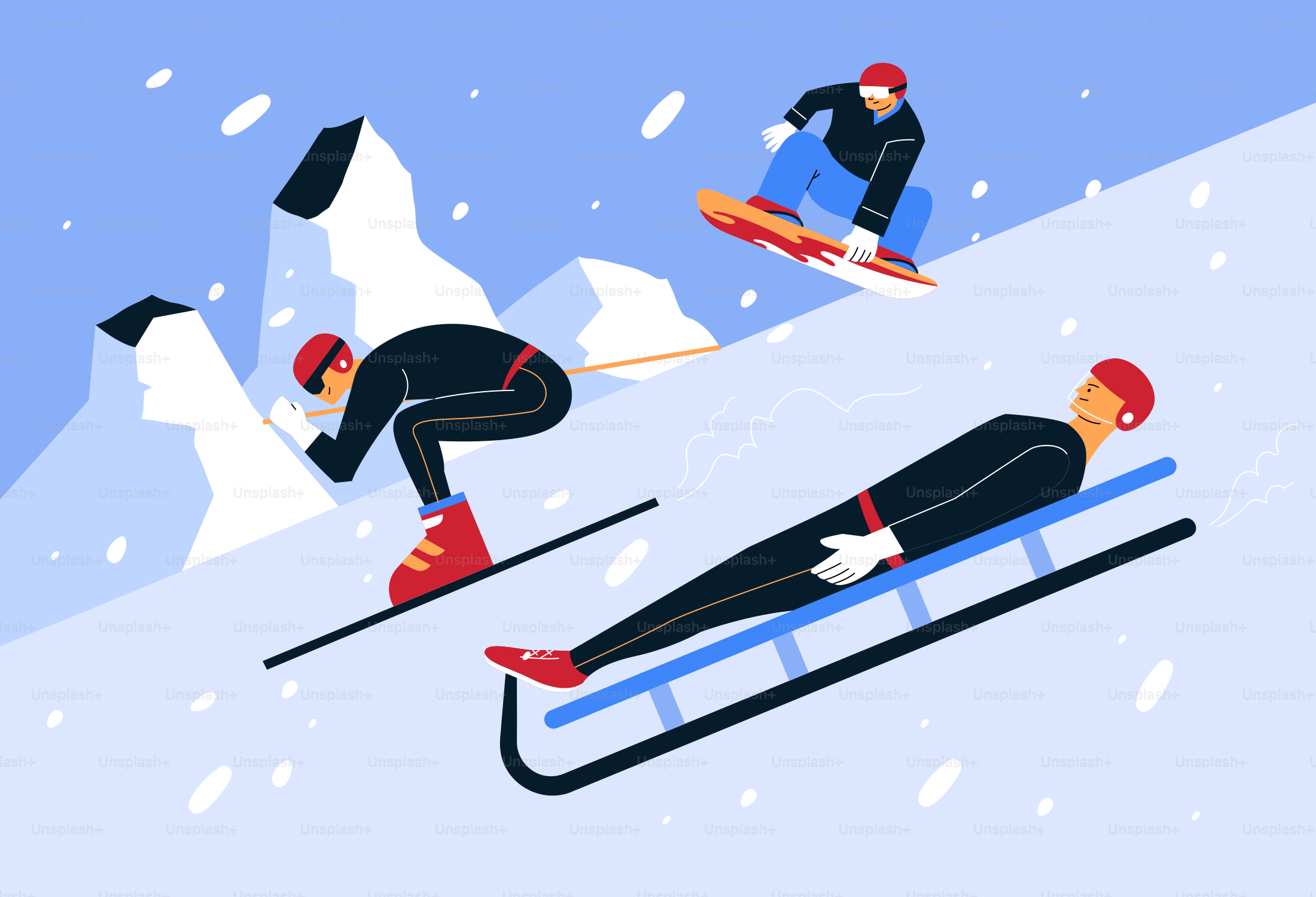People skiing, snowboarding, and sledding down a snowy mountain.