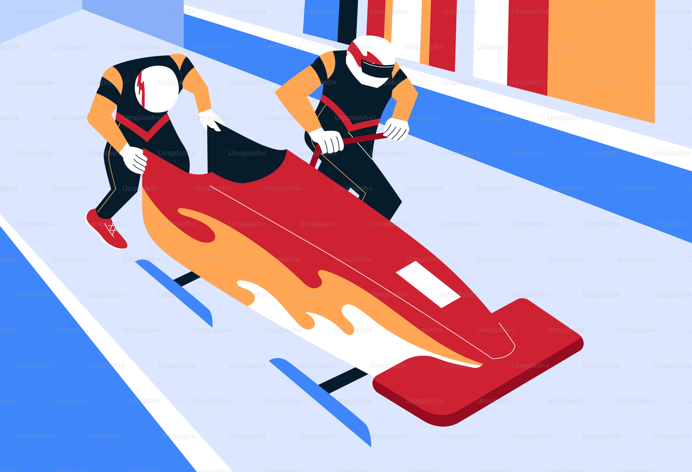 Two athletes push a bobsled down a track.