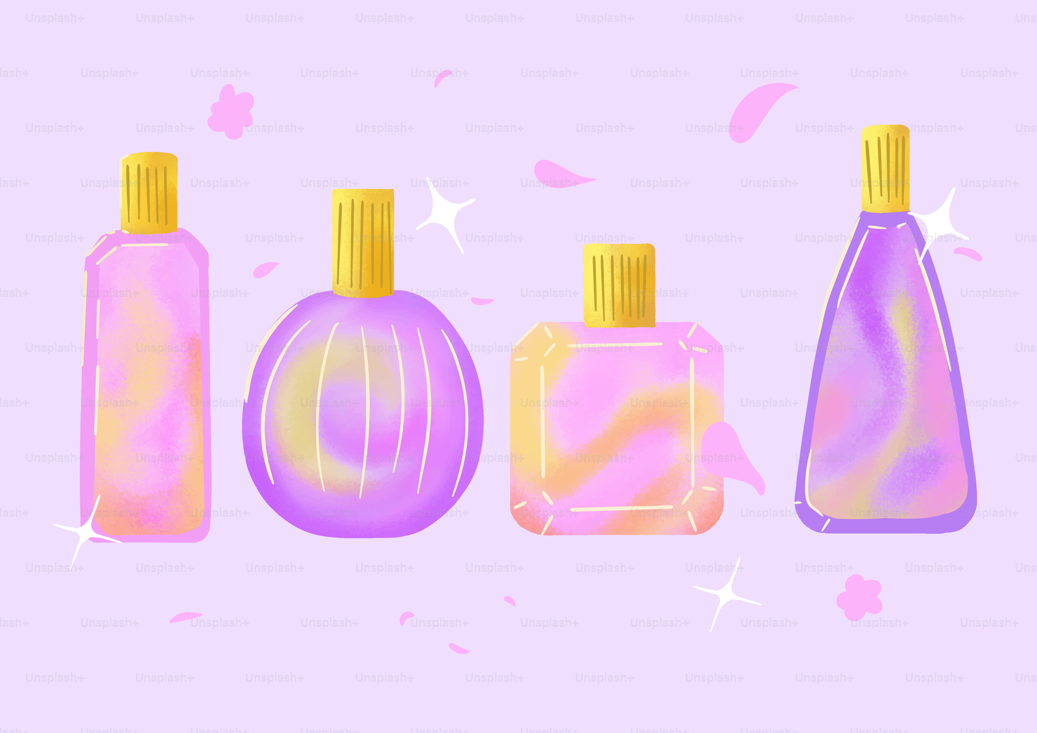 Four colorful perfume bottles with yellow caps