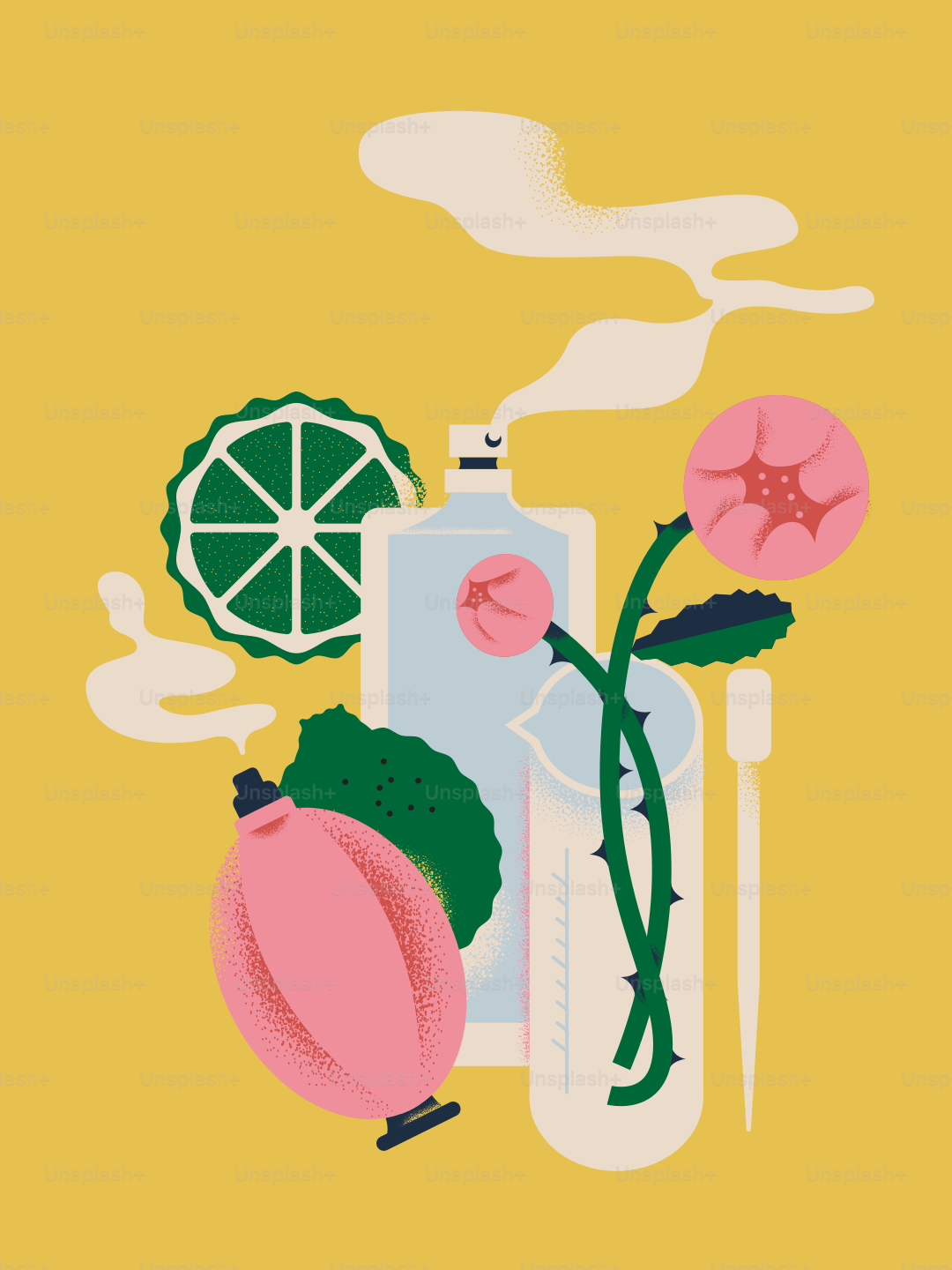 Parfümflaschen, Rose, Limette und Zahnbürste auf gelbem Hintergrund