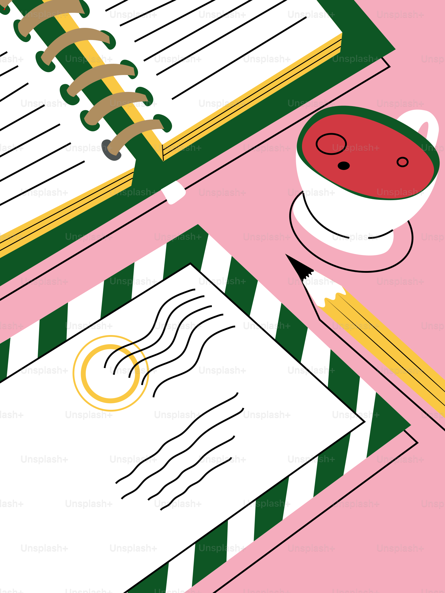 Quaderno, busta, matita e tazza di tè su sfondo rosa