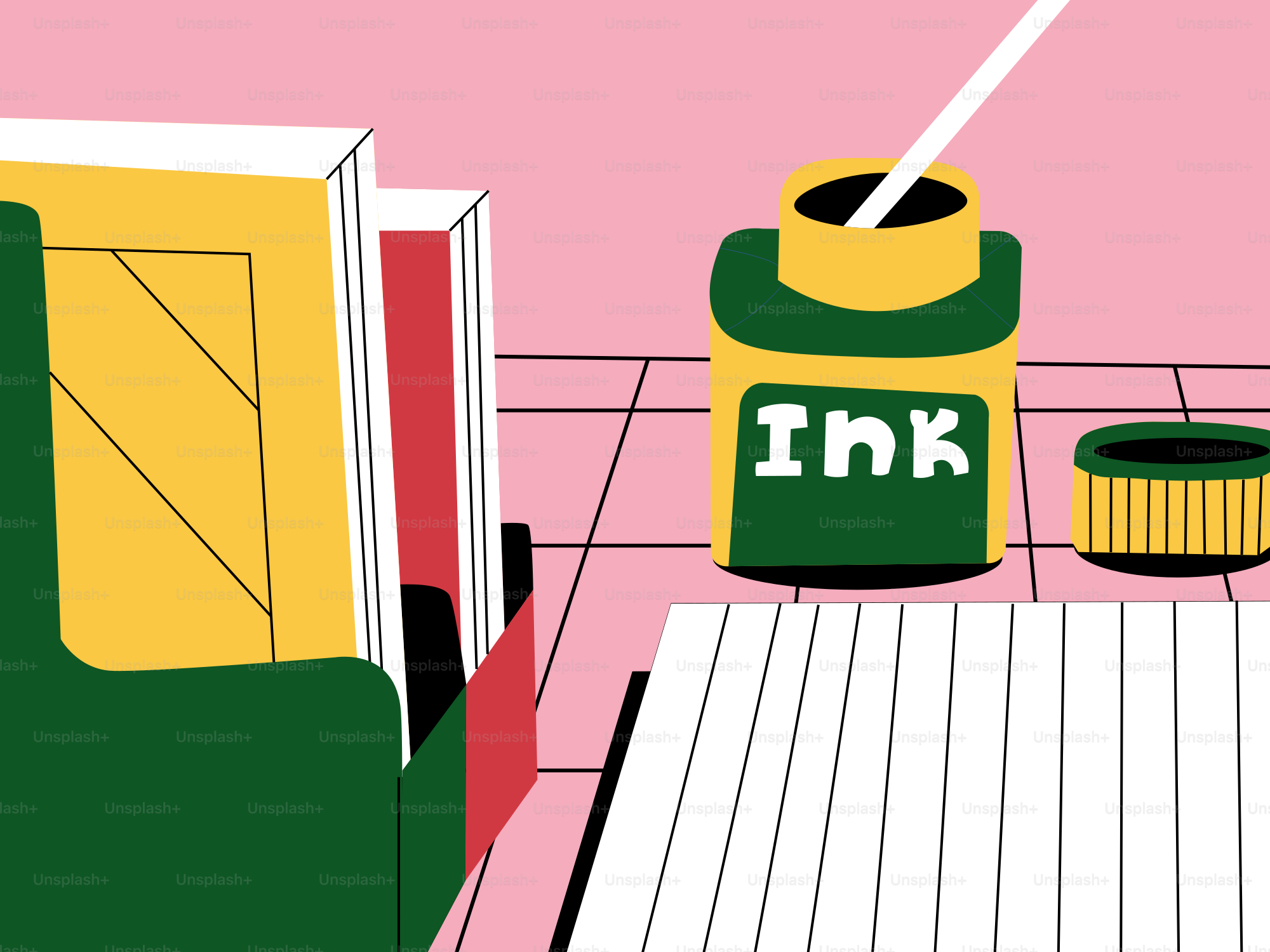 Inchiostro e libri su una scrivania rosa.