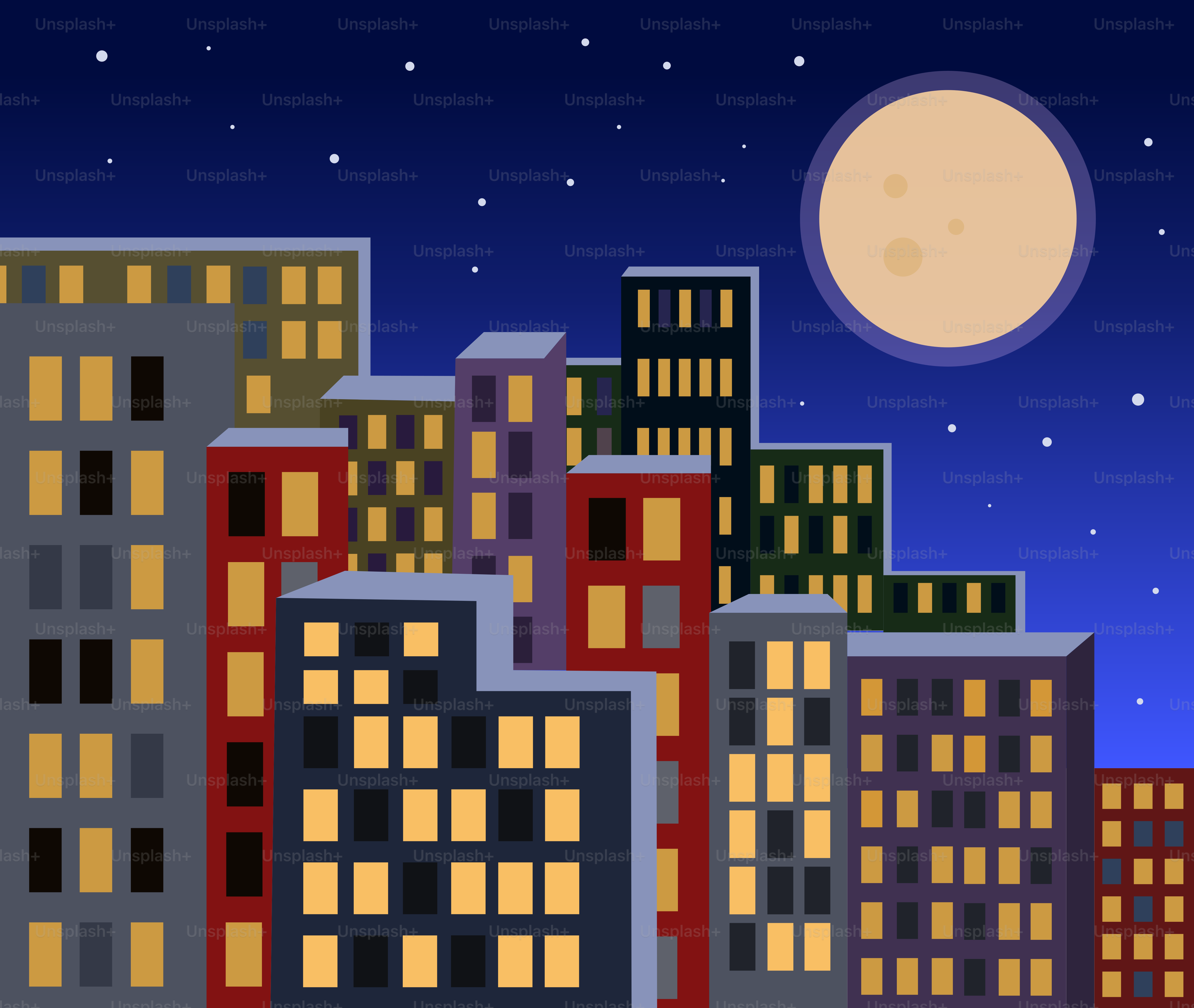 A stylized cityscape with buildings under a starry night sky.
