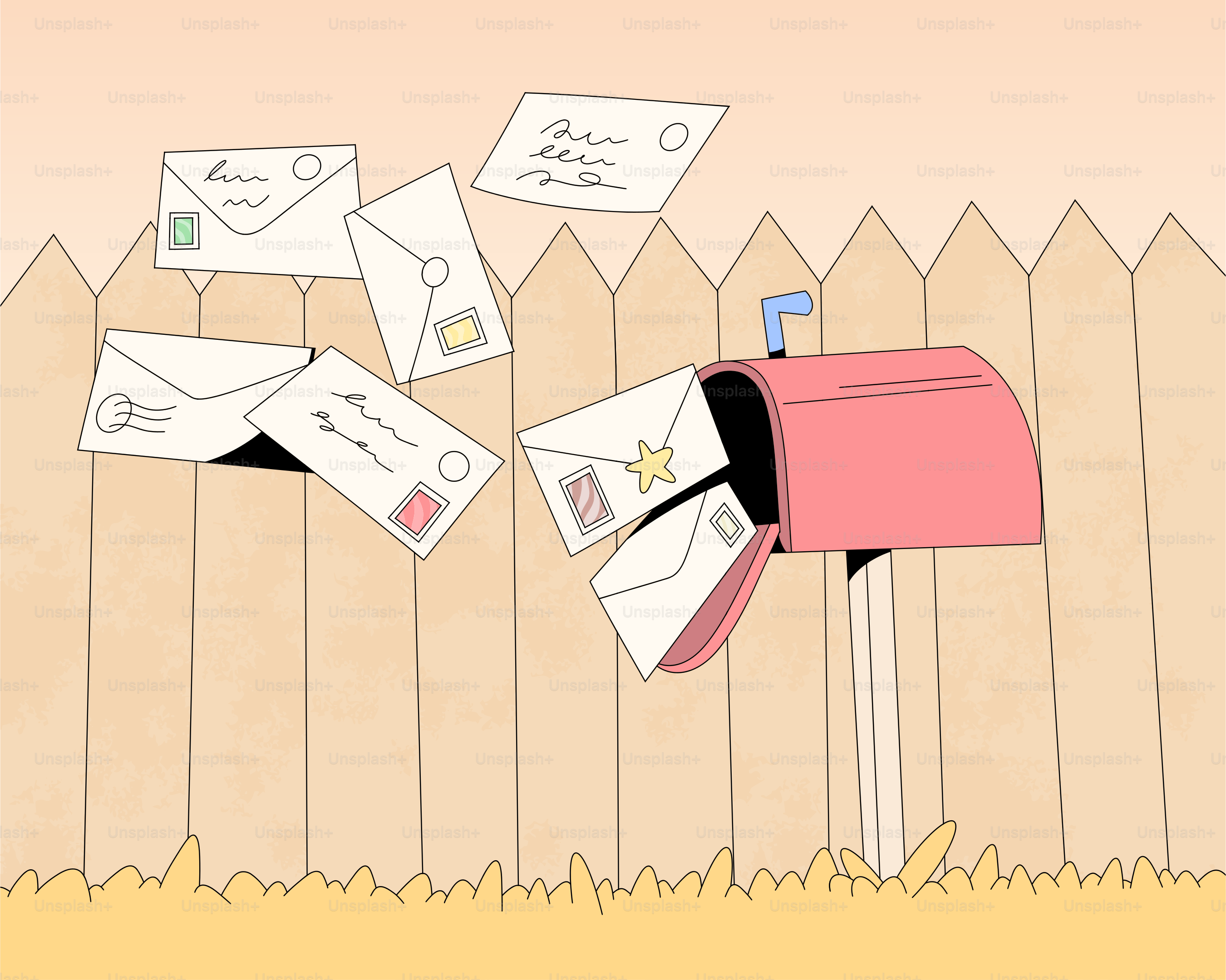 Envelopes flying out of a mailbox near a fence