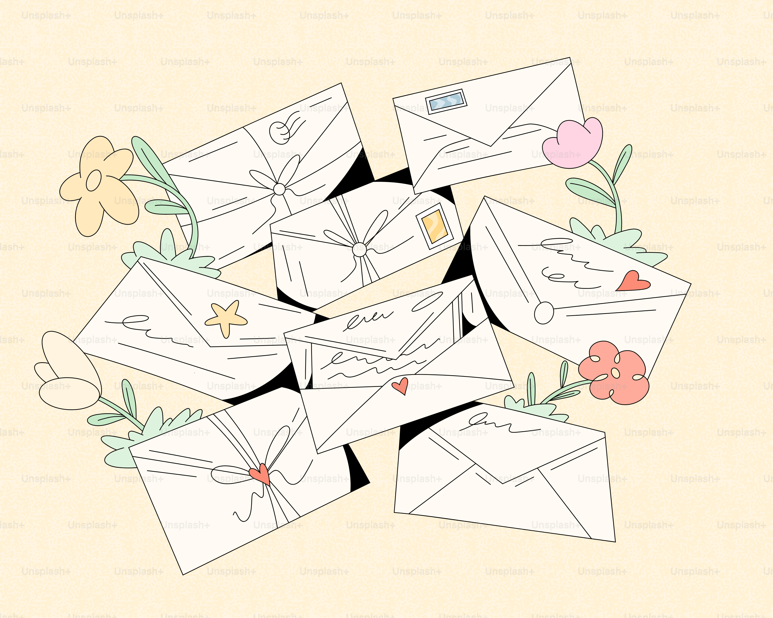 A collection of envelopes with decorative elements and flowers