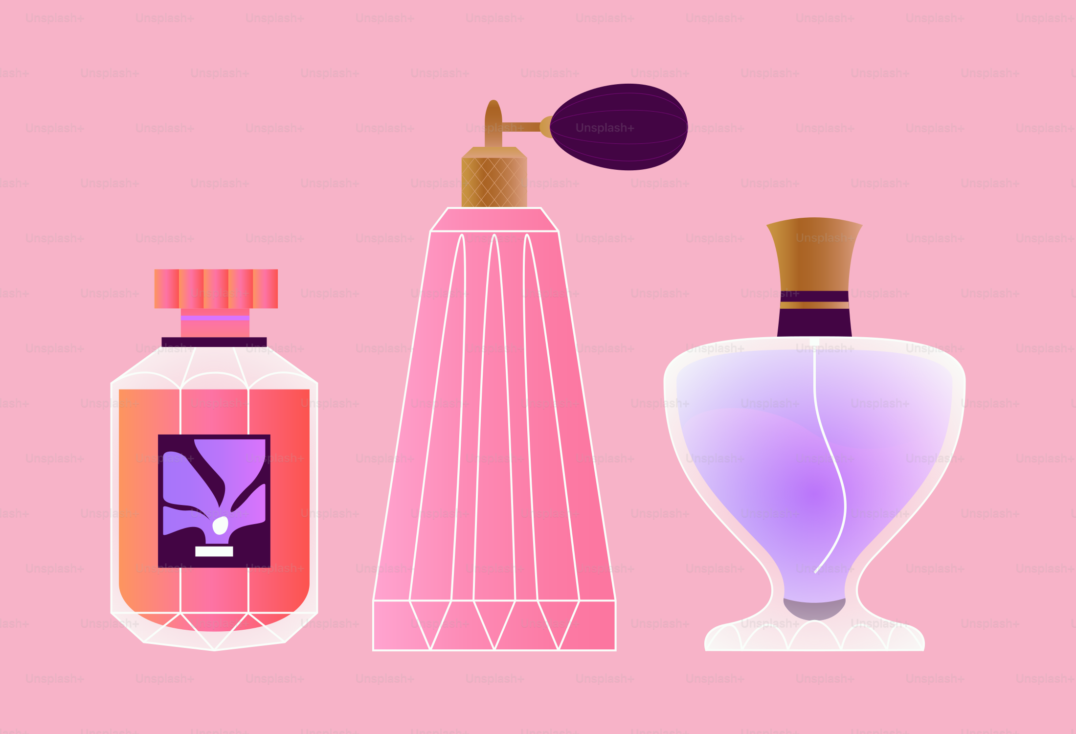 Três frascos decorativos de perfume sobre fundo rosa.
