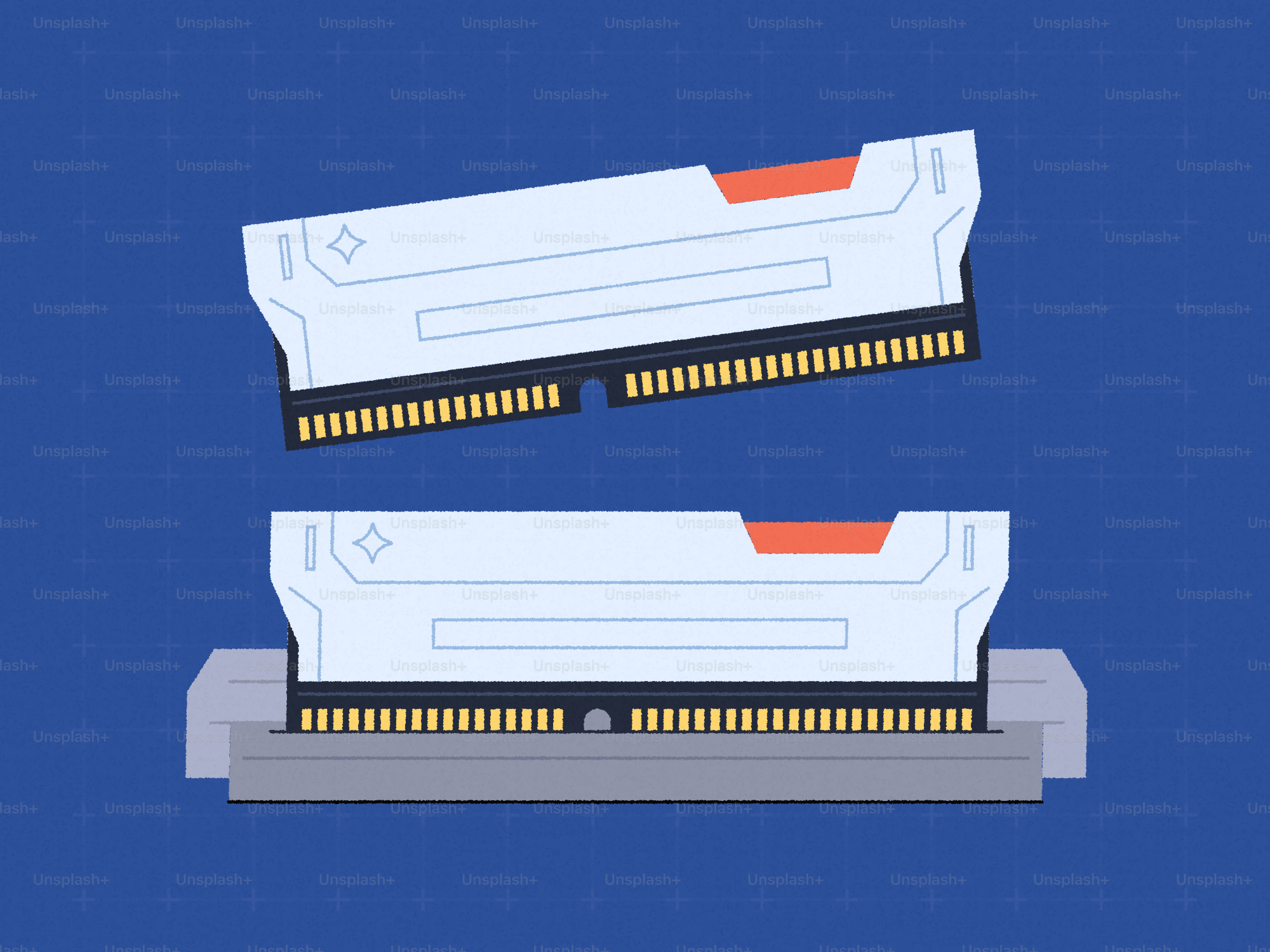 Dos módulos de RAM de ordenador sobre fondo azul