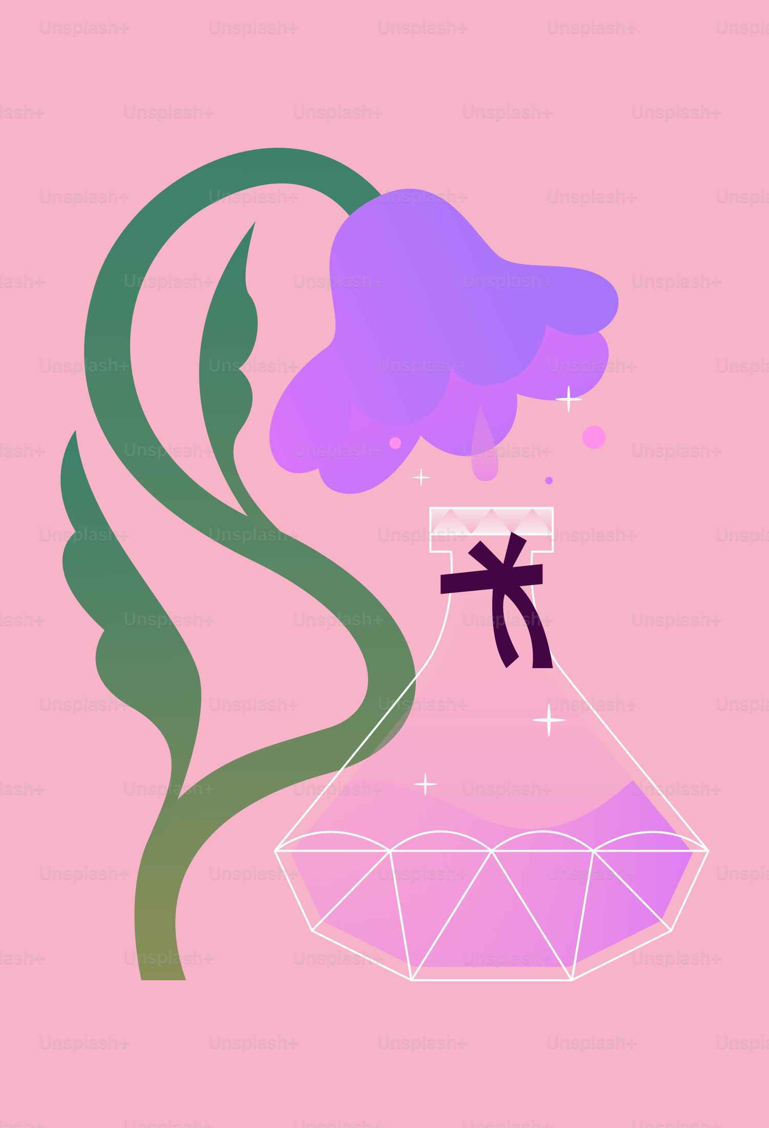 A purple flower drips liquid into a faceted bottle