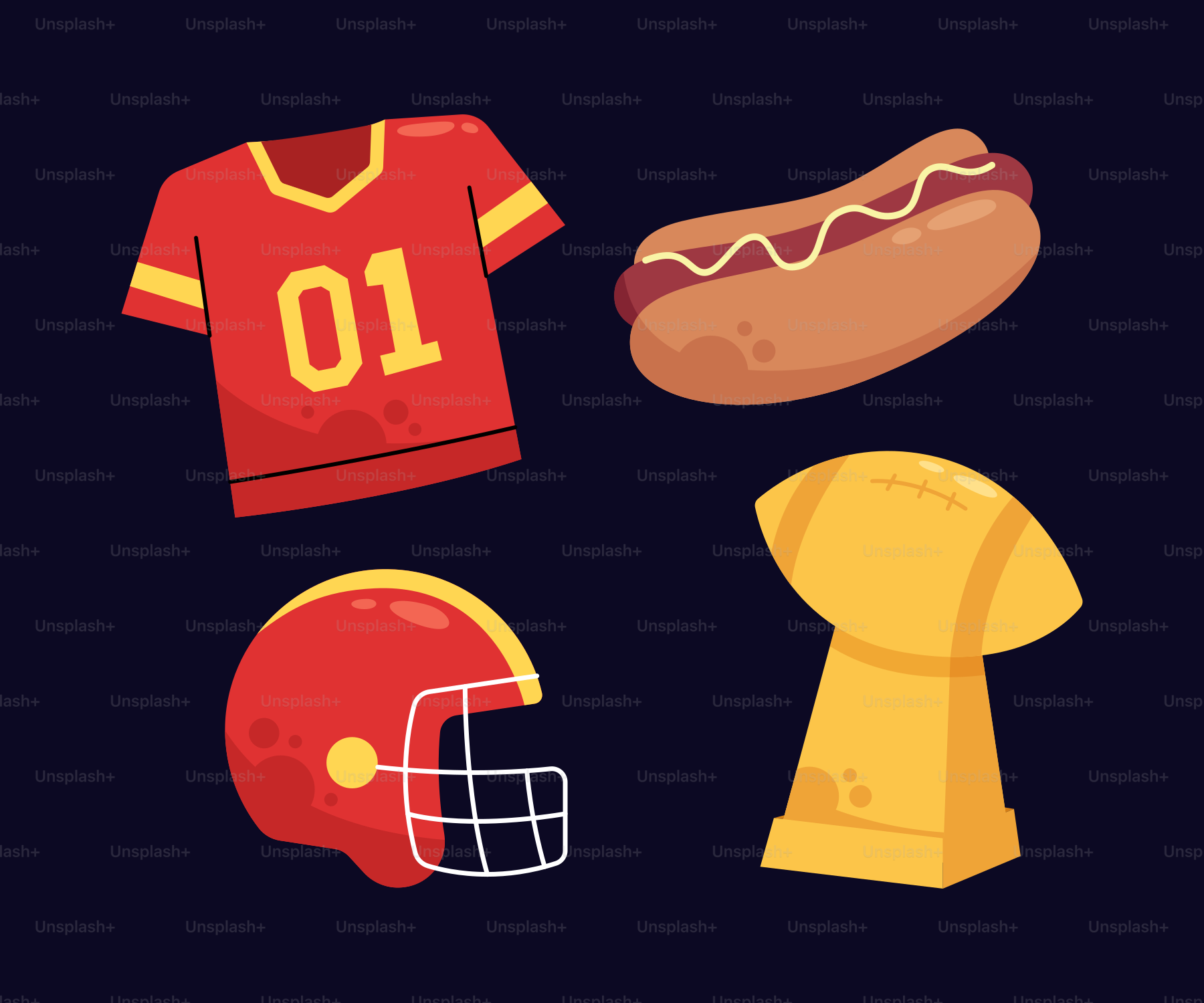 Itens de futebol americano: camisa, cachorro-quente, capacete, troféu