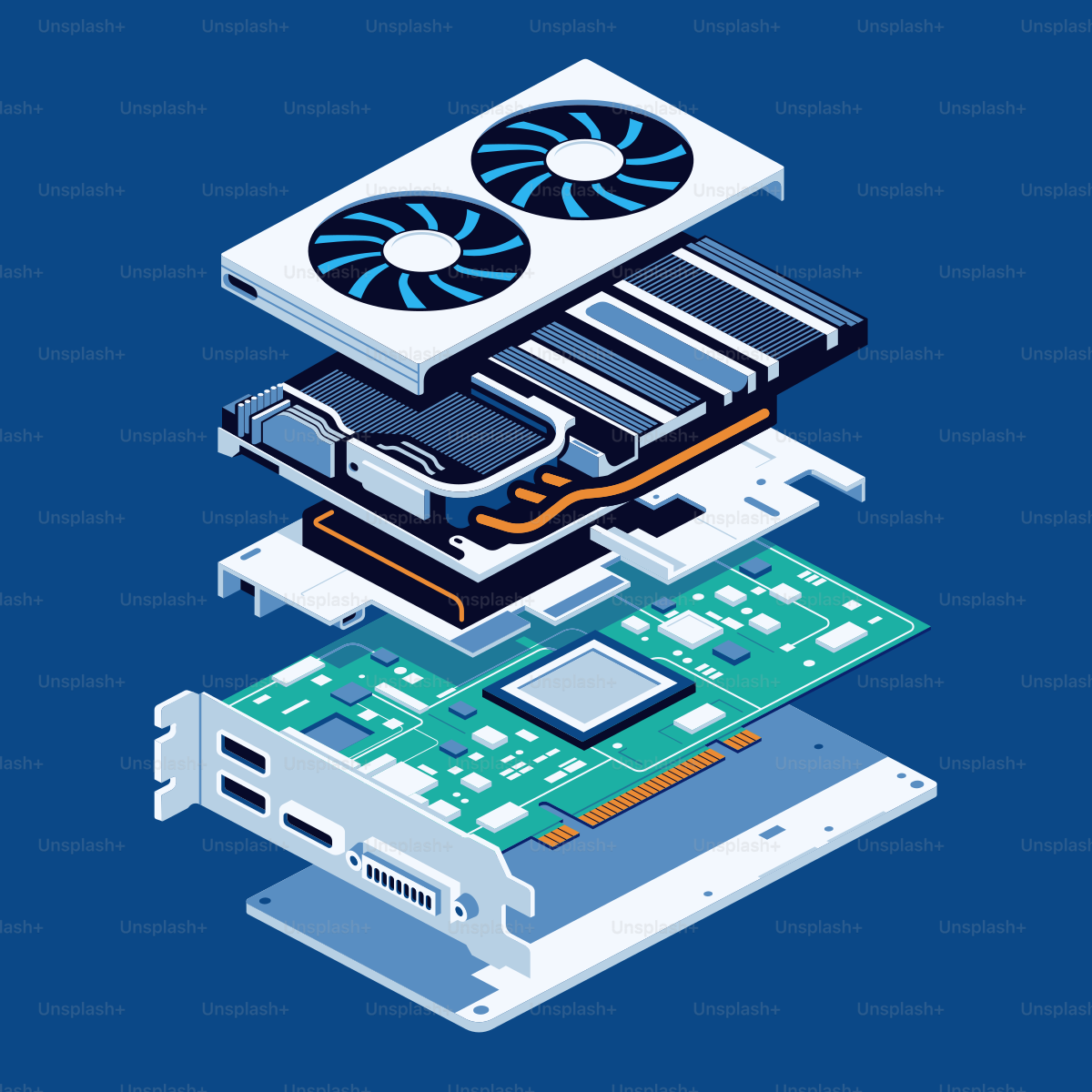 Exploded view of a computer graphics card