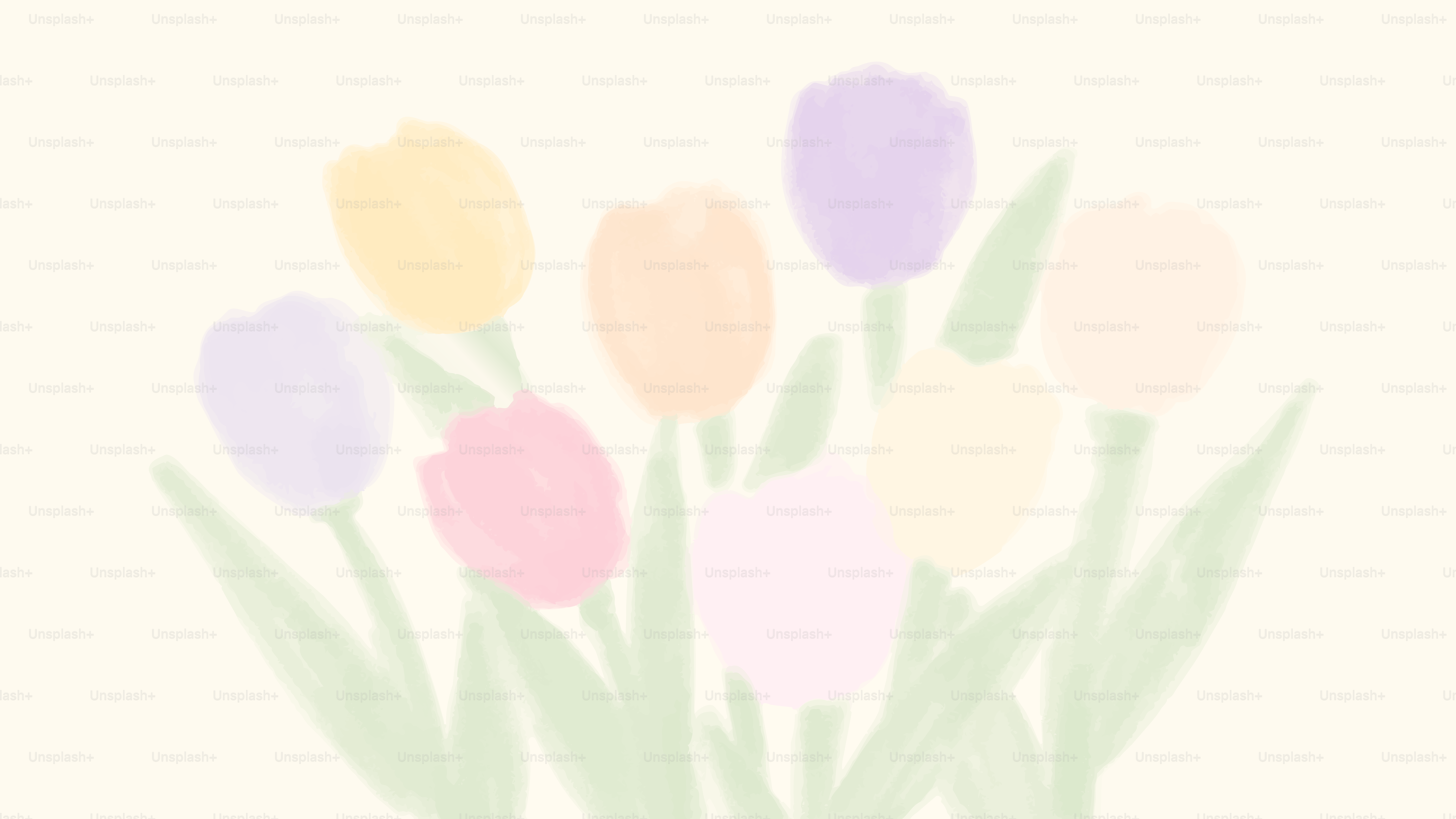 クリーム色の背景に緑の茎を持つパステルカラーのチューリップ