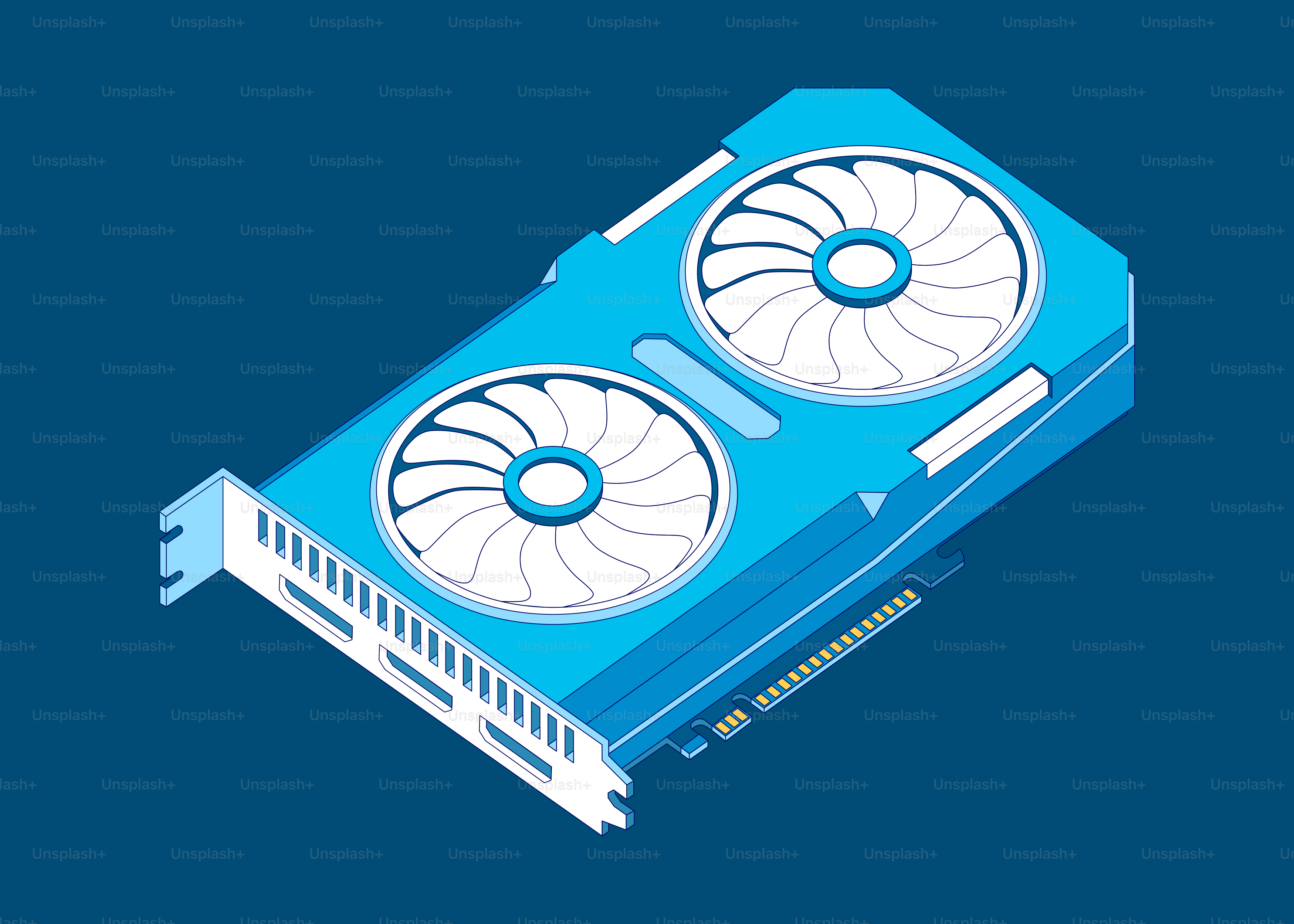 Placa de vídeo azul com dois ventiladores sobre fundo escuro